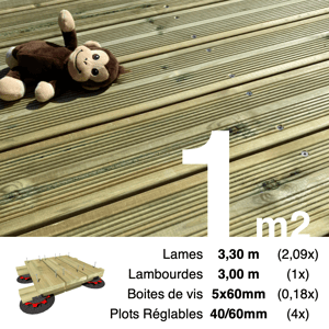 Kit complet terrasse Pin autoclave Vert pour 1 m² • Lames 3,3 m, lambourdes 3 m, plots réglables et visserie Inox