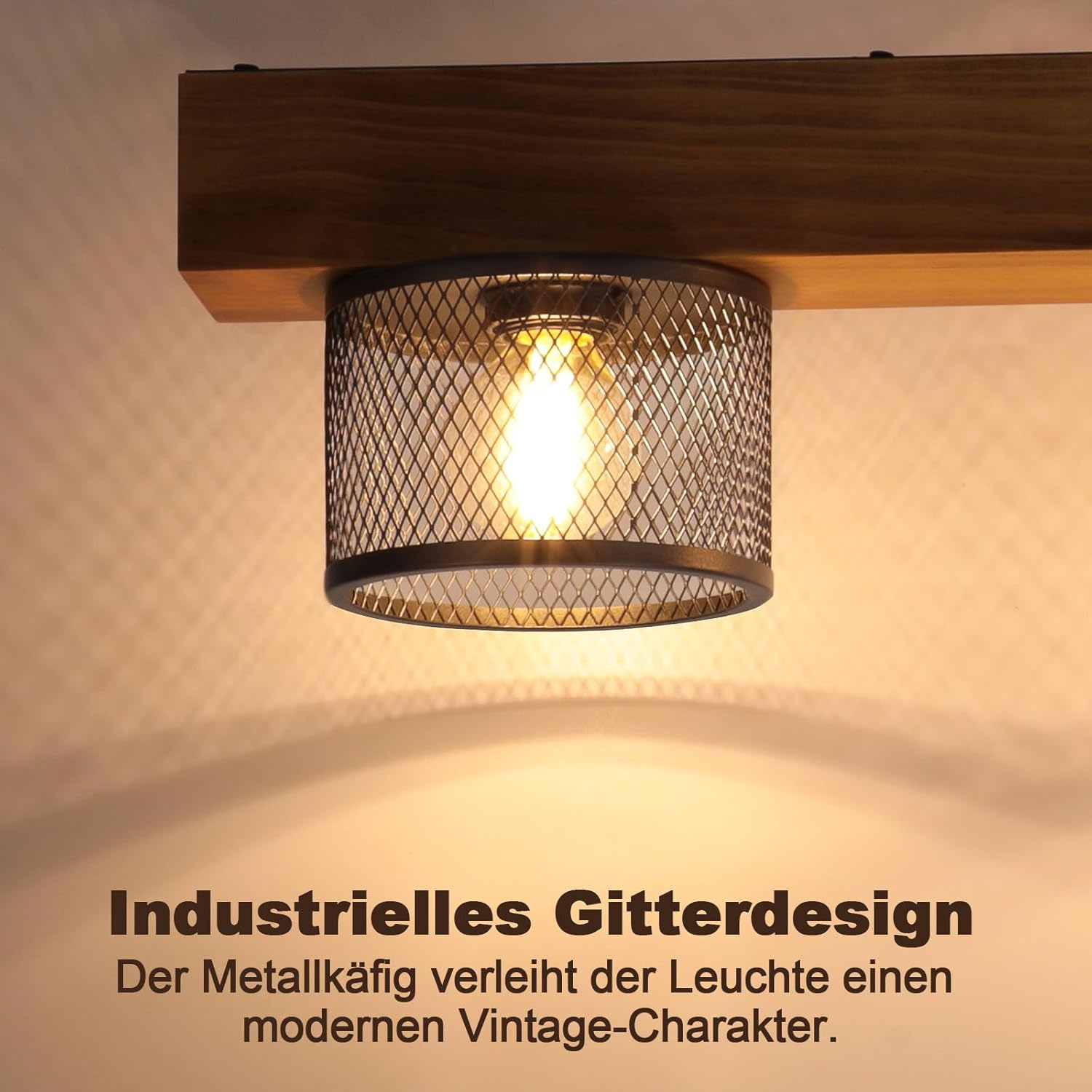 NETTLIFE Plafonnier Vintage Bois et Métal Noir, Lustre Industriel 3 Lampes E14, Luminaire de Plafond Cage pour Salon Cuisine Chambre (Sans Ampoule) - 6