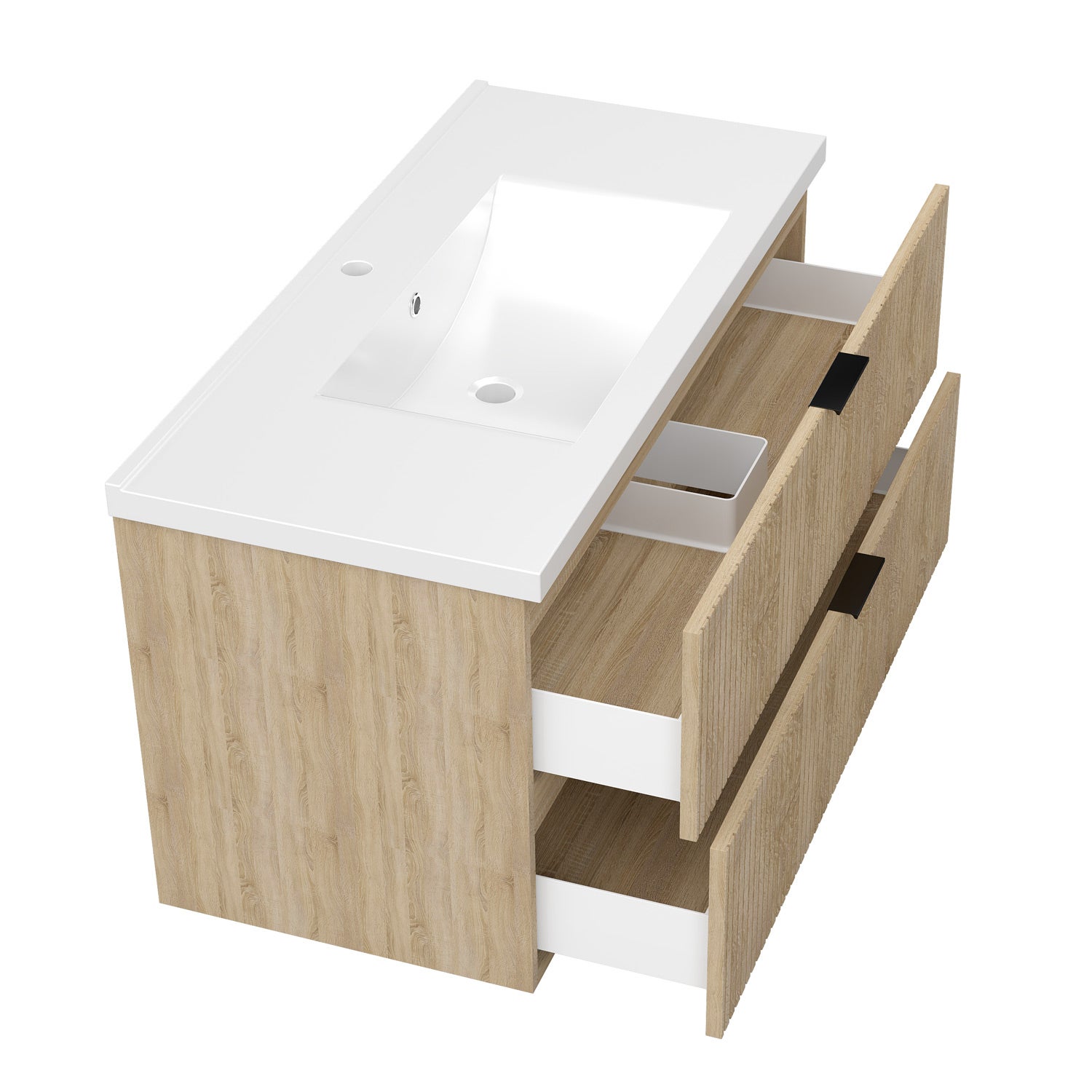 Meubles Salle de Bain 100cm avec simple vasque céramique - 2 tiroirs meuble Chêne Wotan - 2