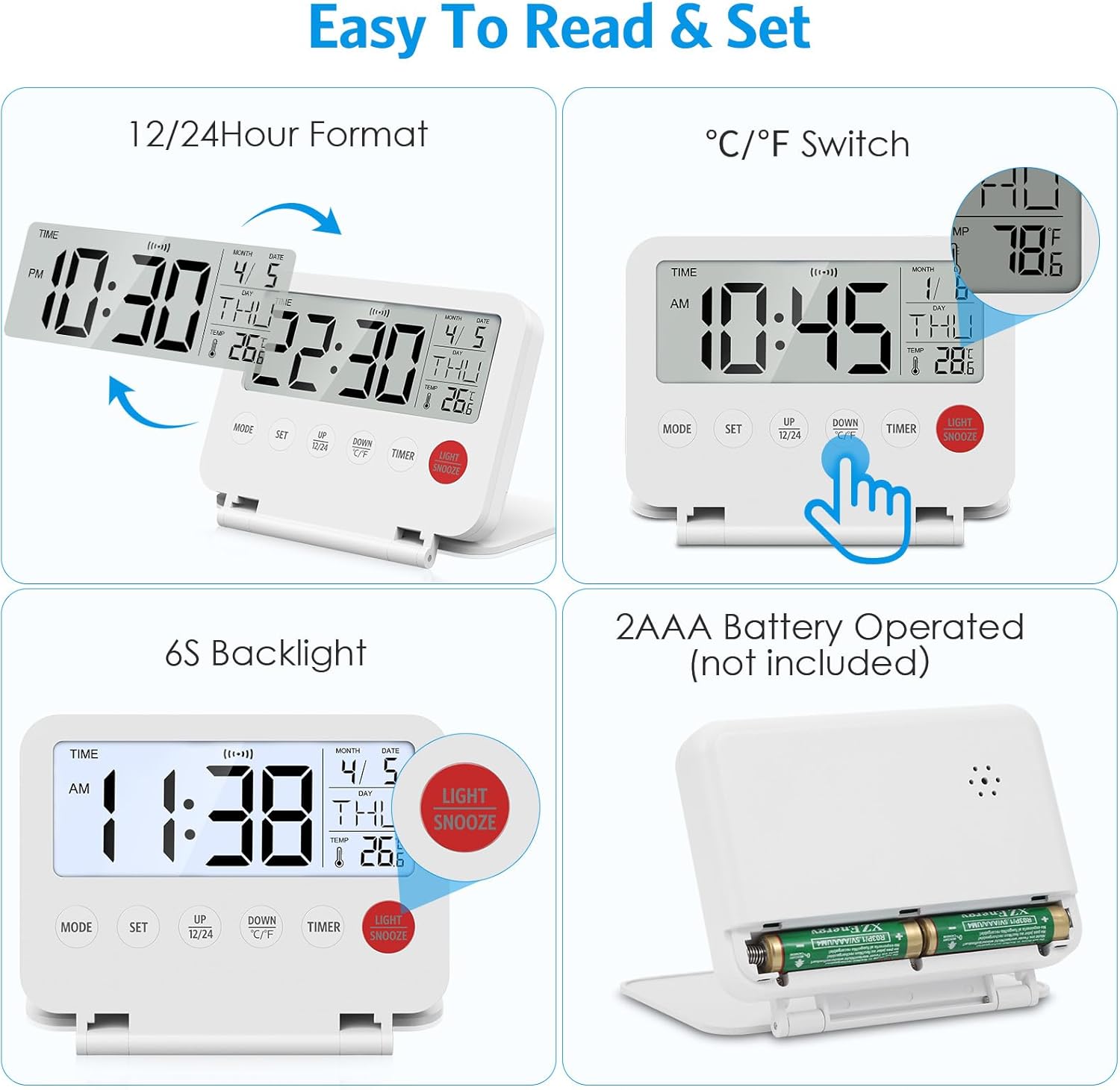 Mini réveil de voyage pliable numérique avec LCD rétroéclairé, thermomètre, snooze, date et heure, bureau, chambre, cuisine, pratique et portable - 4