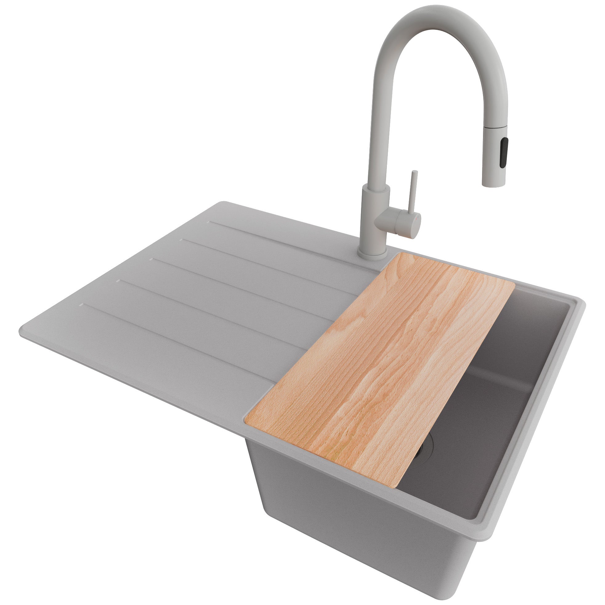 Zlewozmywak Granitowy Szary 70x50cm, Zlew Kuchenny 1 Komorowy + Bateria 40x20cm + Syfon + Deska, Nablatowy do szafki od 40cm - Kopenhaga PRIMAGRAN