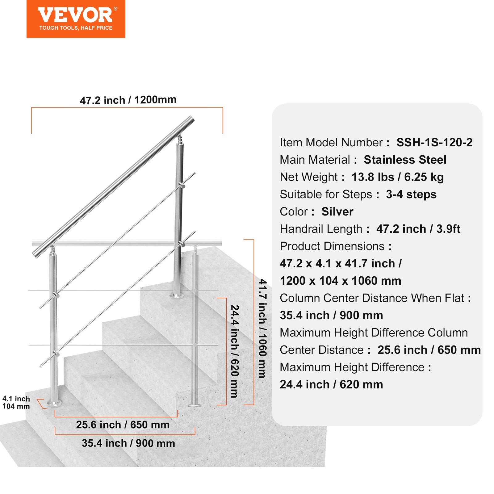 Rampe d'escalier extérieure,VEVOR 47,2