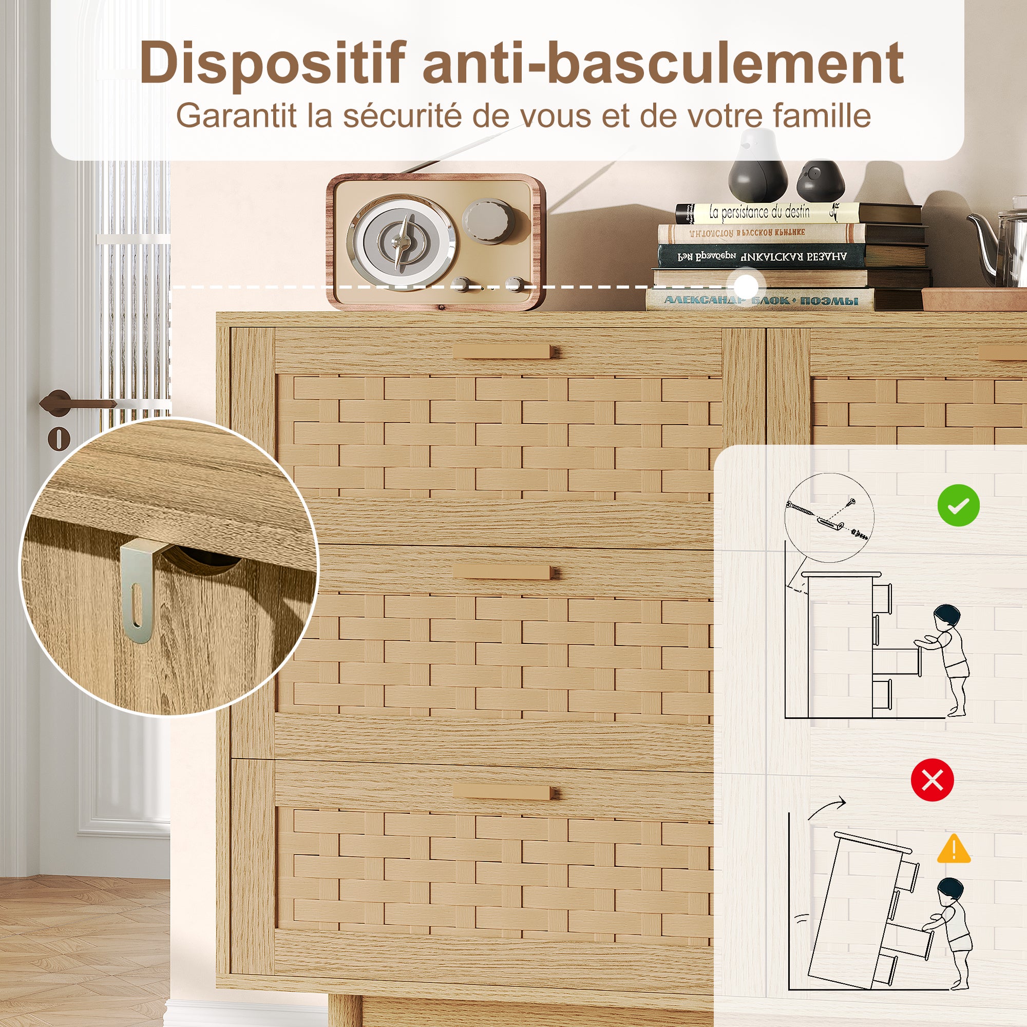 Commode 6 Tiroirs Bois, Armoire à Tiroirs Commode Chambre Adulte en PVC Rotin, Meuble de Rangement pour Salon et Entrée Couloir, Brun(115x80x40 cm) - 8