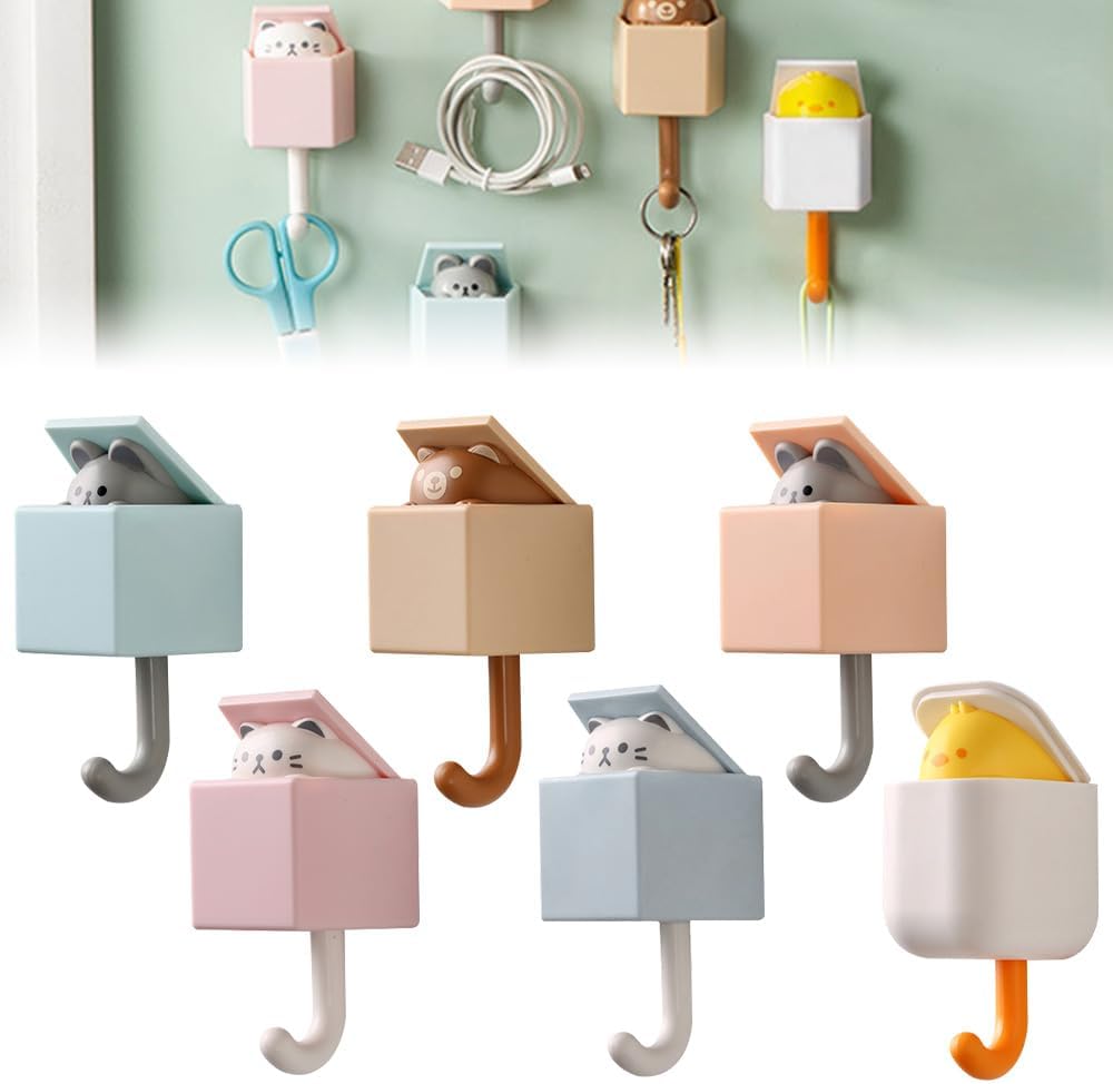 6 Ganci Adesivi A Forma Di Gatto E Animali - Carini, In ABS, Portata 1,5 Kg, Per Chiavi, Asciugamani, Cappotti