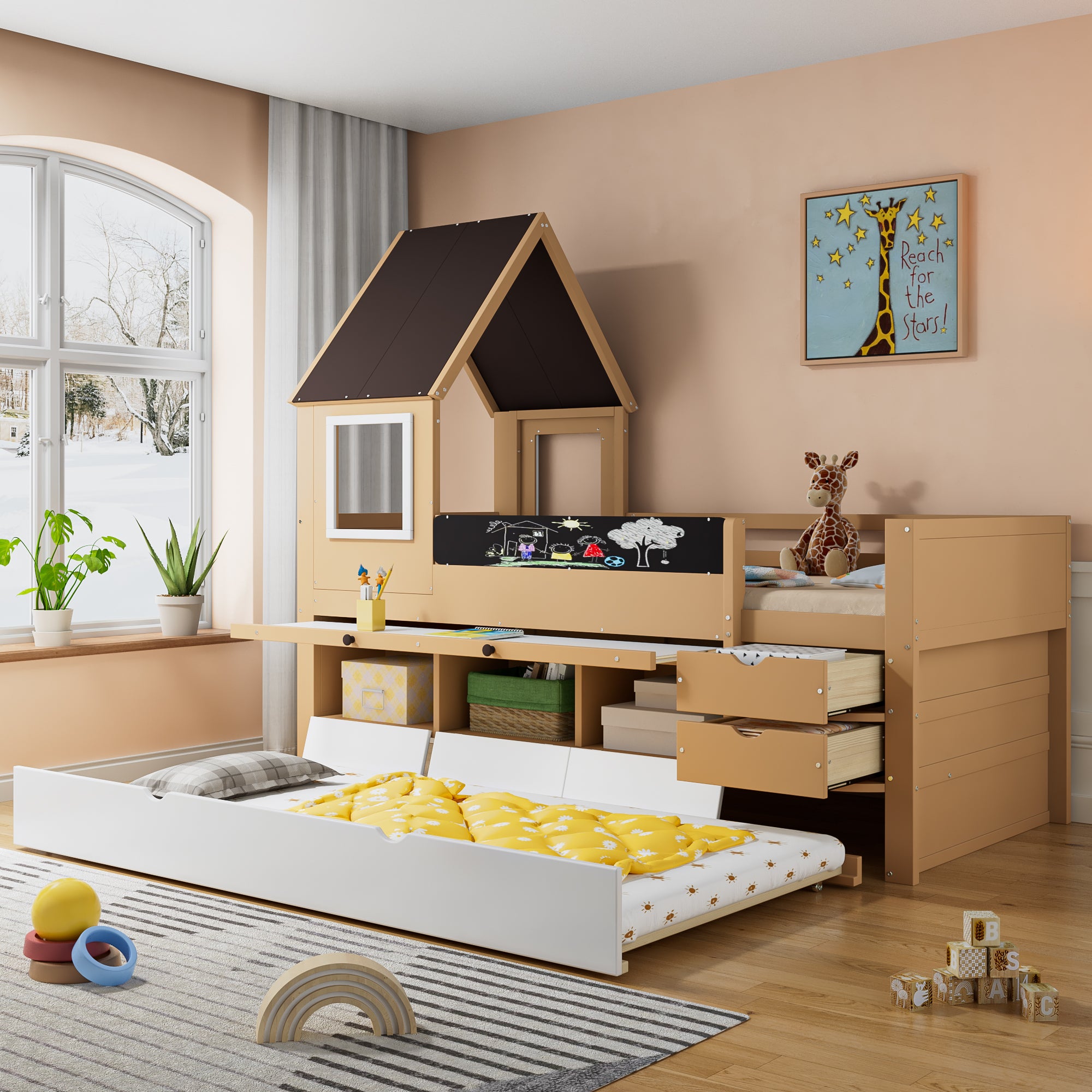 Seyakany Lit cabane Enfant 90x200 cm avec Bureau,lit Enfant cabane tiroirs,avec Rangement et Barriere et sommier à Lattes,Bureau en L et étagère,tiroirs à roulettes,en Bois Massif,Blanc