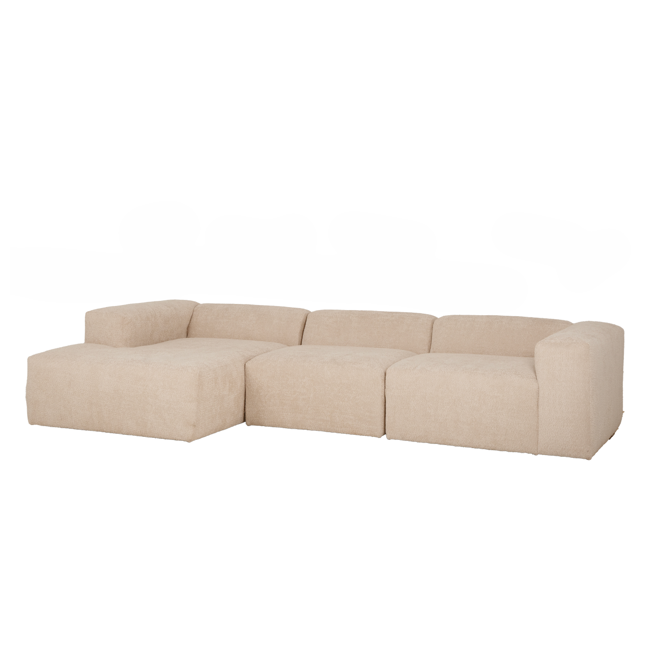 Berta - sofá de 3 módulos con chaise longue izquierdo de bouclé beige 330x70x172cm - decowood