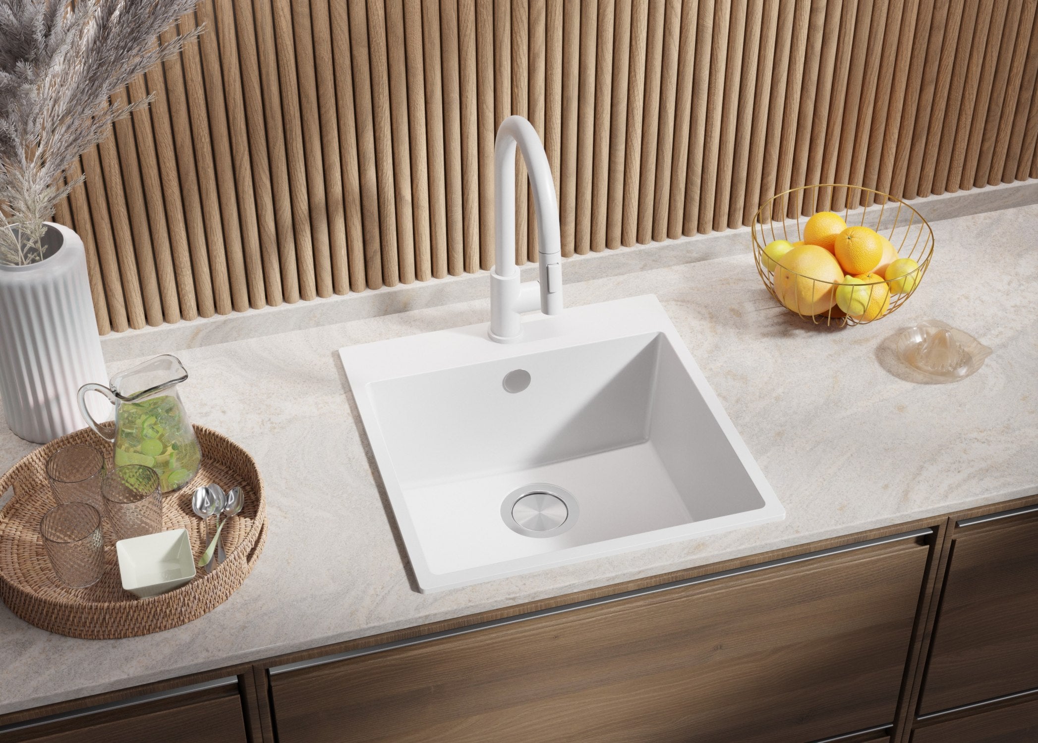 Lavello da Cucina Bianco 48x50cm, Lavandino in Granito a 1 vasca + Sifone Classico, Lavabo da Cucina Incasso al mobile 50cm - Riga PRIMAGRAN - 2