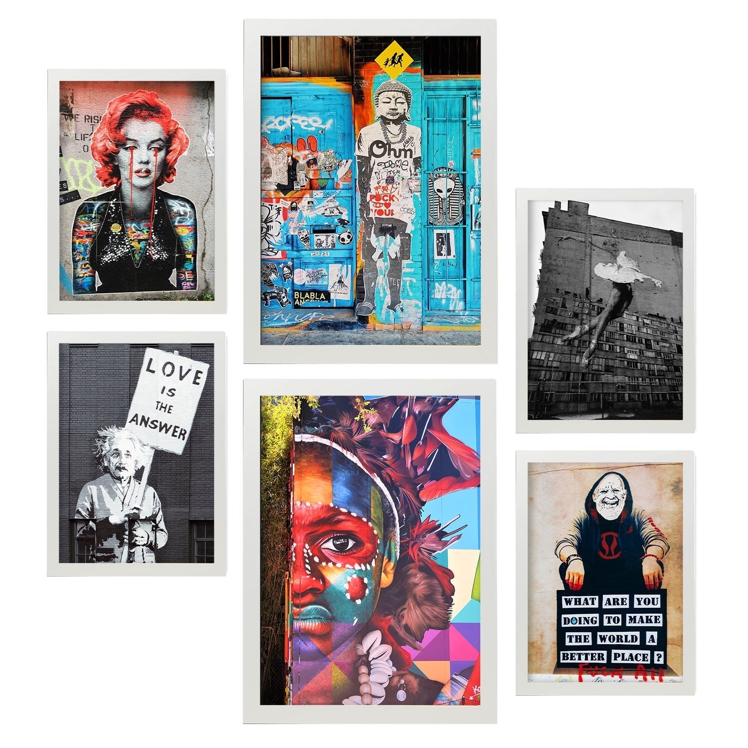 6 cuadros fotograficos graffiti urbano láminas decorativas arte callejero banksy poster moderno decoracion hogar a3 y a4 con marco blanco