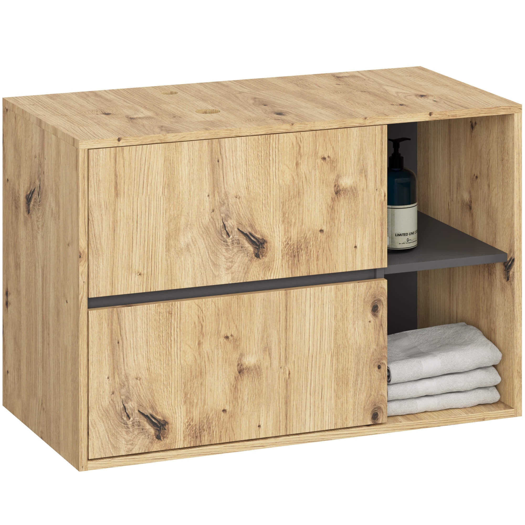 Szafka łazienkowa pod umywalkę z otworami AKORD VAMI Dąb Artisan, Grafit Szary 90 cm 2 szuflady 2 półki 90x60x45,5 cm