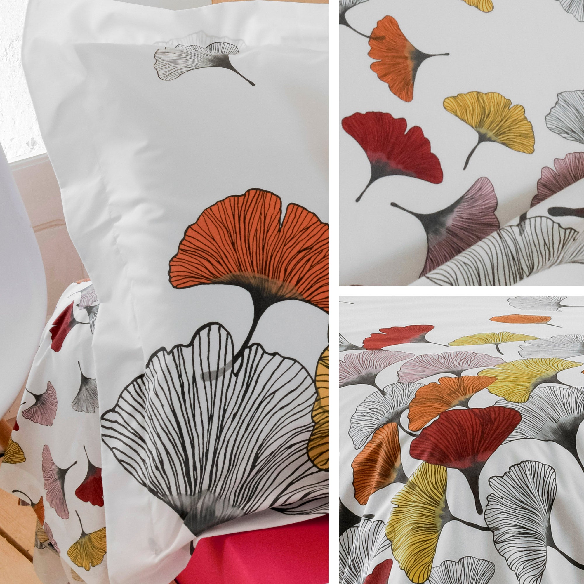 Parure de lit 140x200 cm 50x70 cm Percale pur coton GINKGO Rose - 3