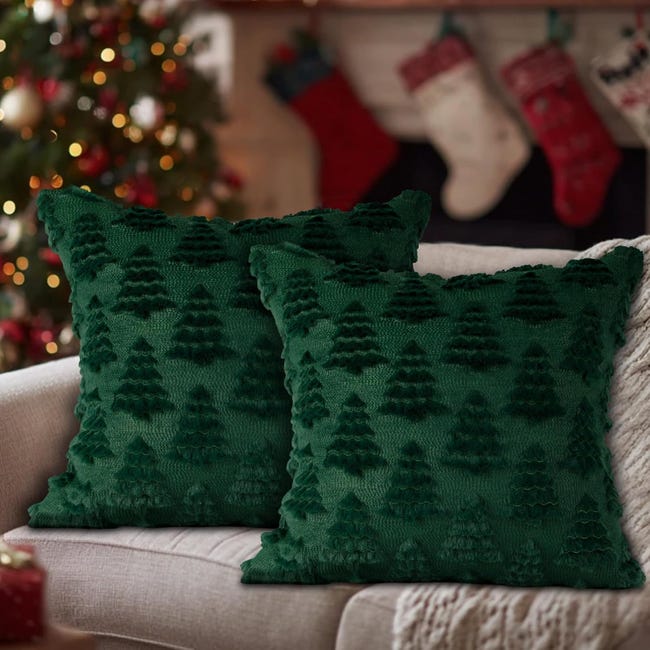 Federa Per Cuscino Natalizia 45x45 Cm: Lino Bianco Con Albero Di Pino Verde, Decorazione Invernale