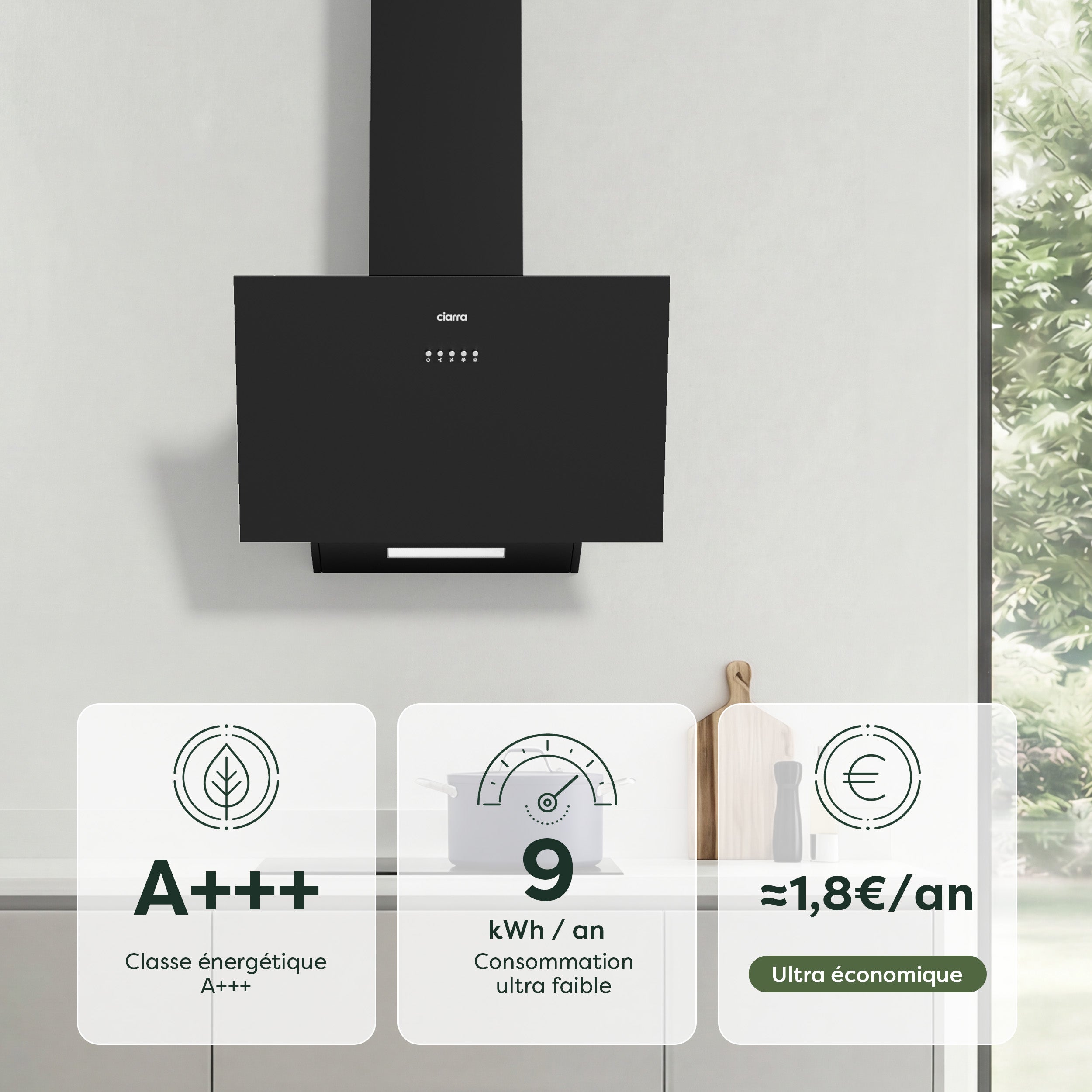 CIARRA Cappa a Parete 60cm 674m3/h A+++ 3 Velocità Ricircolo o Scarico con Condotto Incluso 2 Filtri a Carbone Nero CD6762AB - 3
