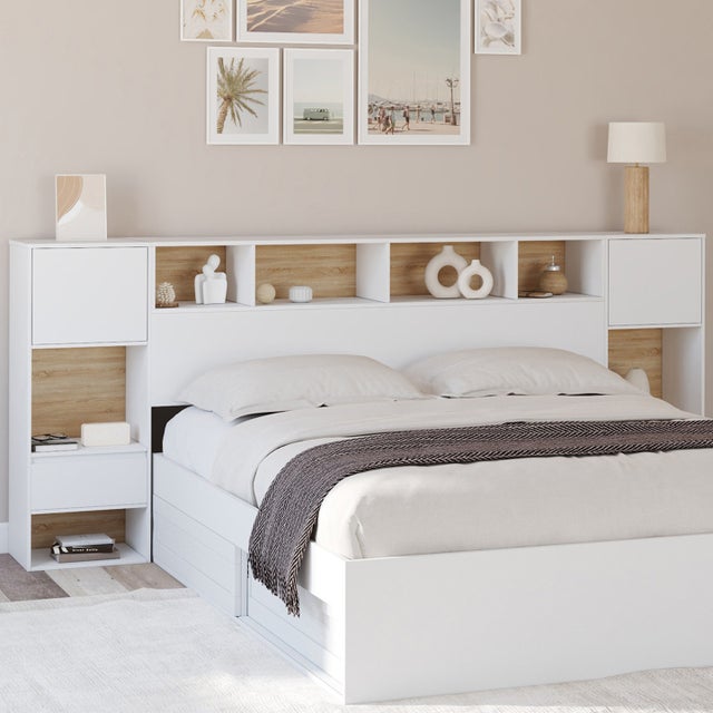 Tête de lit sur pied CAMPHA 240 cm avec chevets tiroir + placards + niches bois et blanc