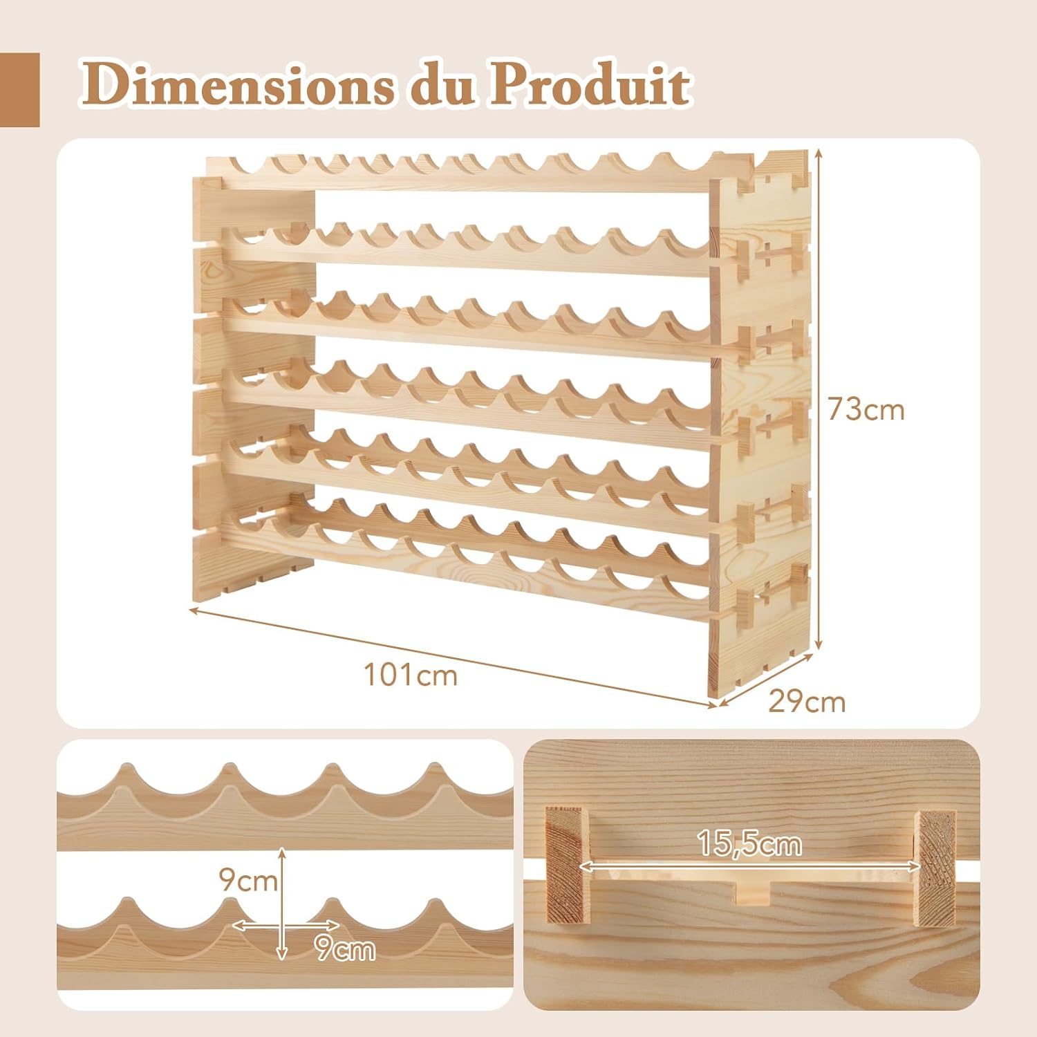 Cantinetta Portavino in Legno di Pino, Portabottiglie di Vino da 60 Bottiglie a 6 Ripiani, Scaffale Portavino da Terra per Cucina, Cantina e R - 4