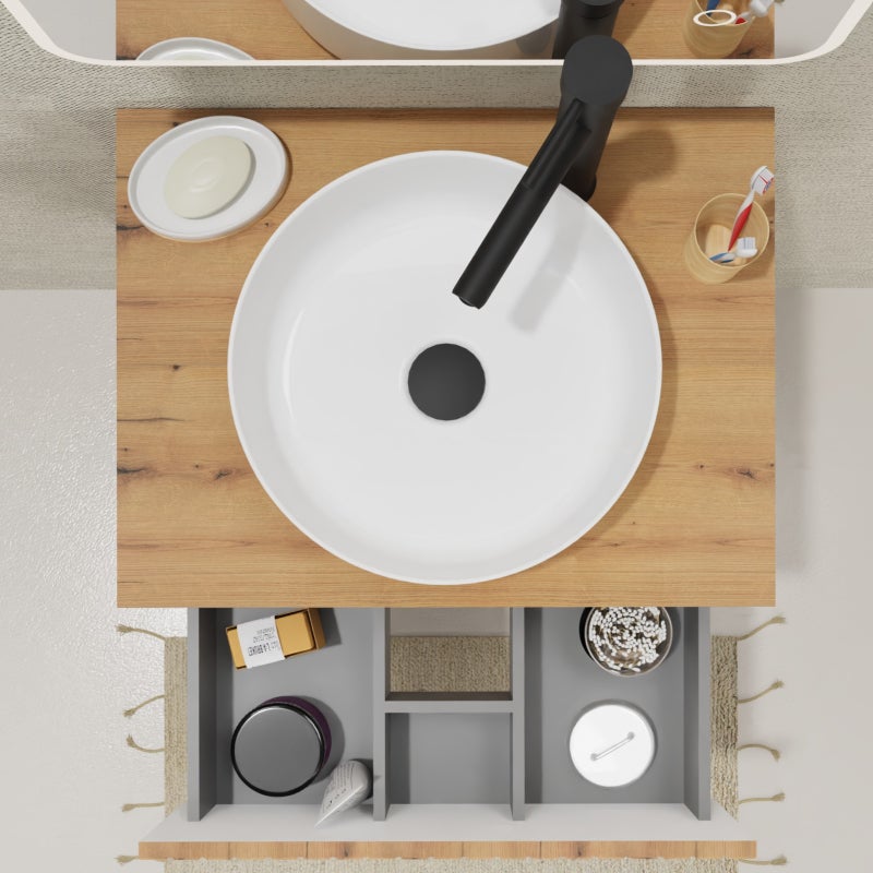 Meuble salle de bain 60 cm pour vasque à poser - Effet bois strié - A suspendre - Karaib 2 - 5