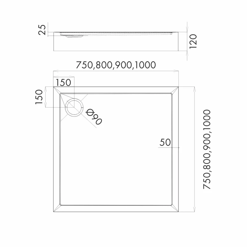 Piatto doccia in acrilico bianco 90 x 90 x 12 cm – struttura in pietra – quadrato – JAMAICA - 3
