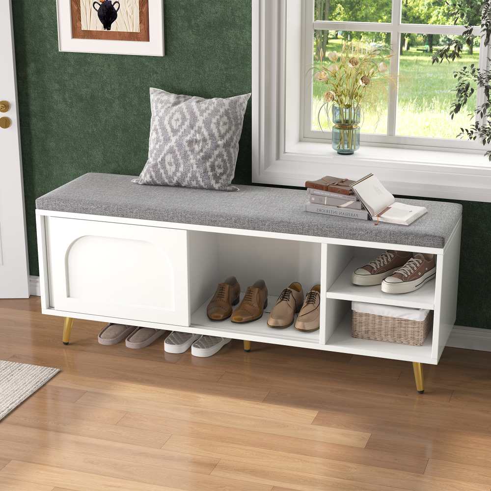 Banquette d’entrée blanche 121 cm – rangement chaussures, assise rembourrée, étagères réglables – 121x35x49 cm - 6