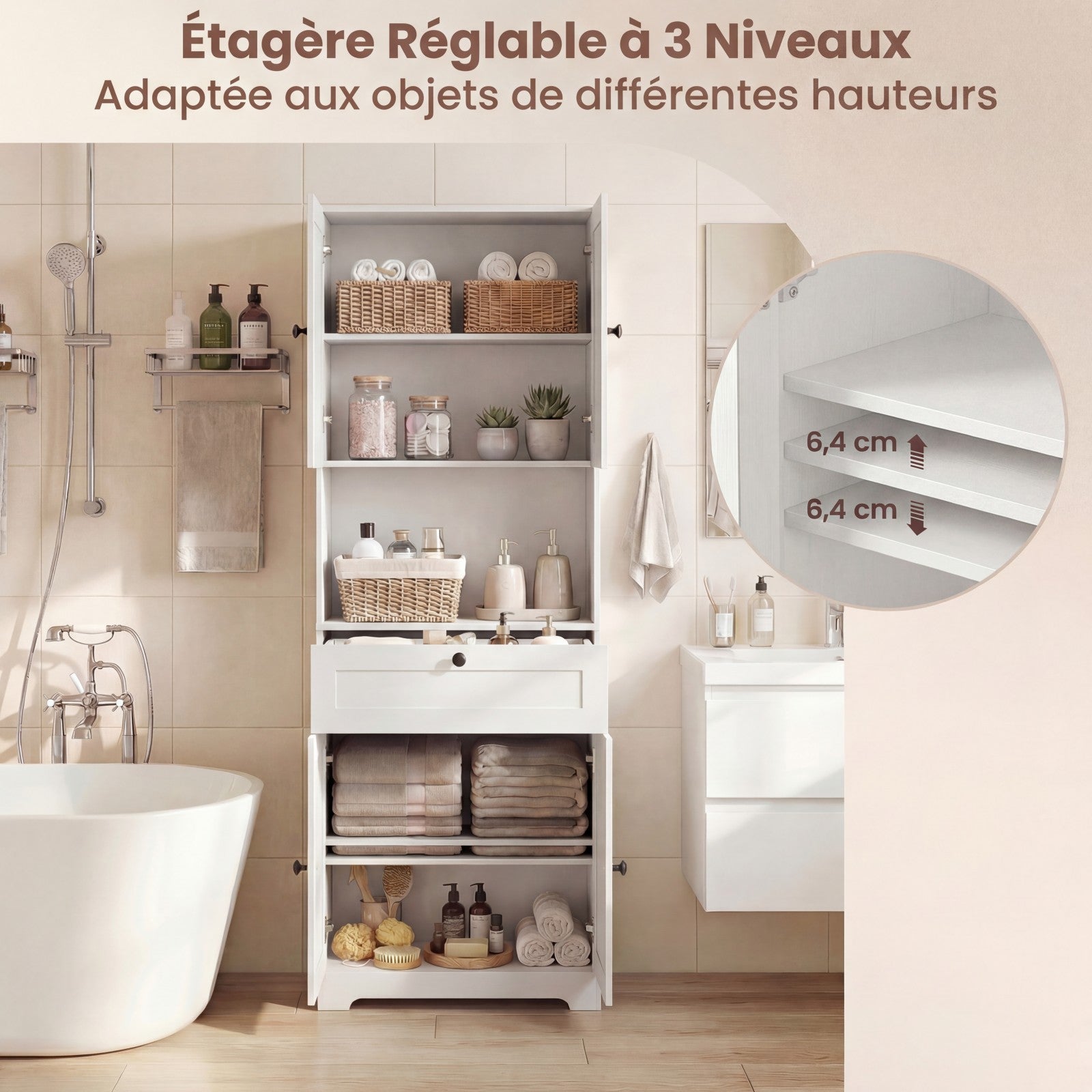Mobiletto da Bagno Alto 171,5 CM, Armadietto da Terra con 4 Ante e 1 Cassetto, Vano Aperto, Ripiani Regolabili, Organizer Moderno in Legno per Bagno - 4
