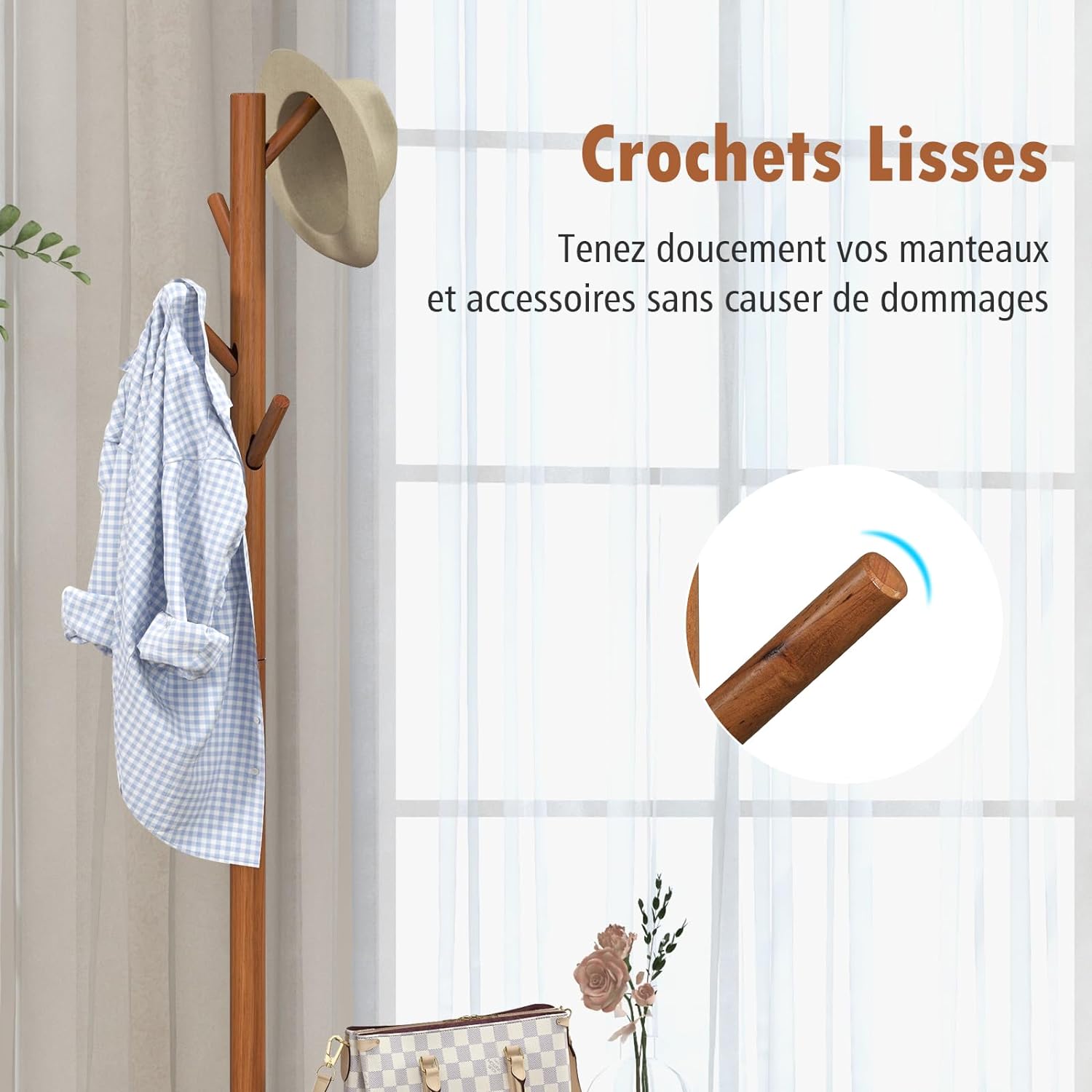 Porte-Manteau Bois avec Banc, Porte Manteau d'Entrée avec Table d'Appoint, 4 Crochets Arrondis, en Bois, pour Chapeau - 4