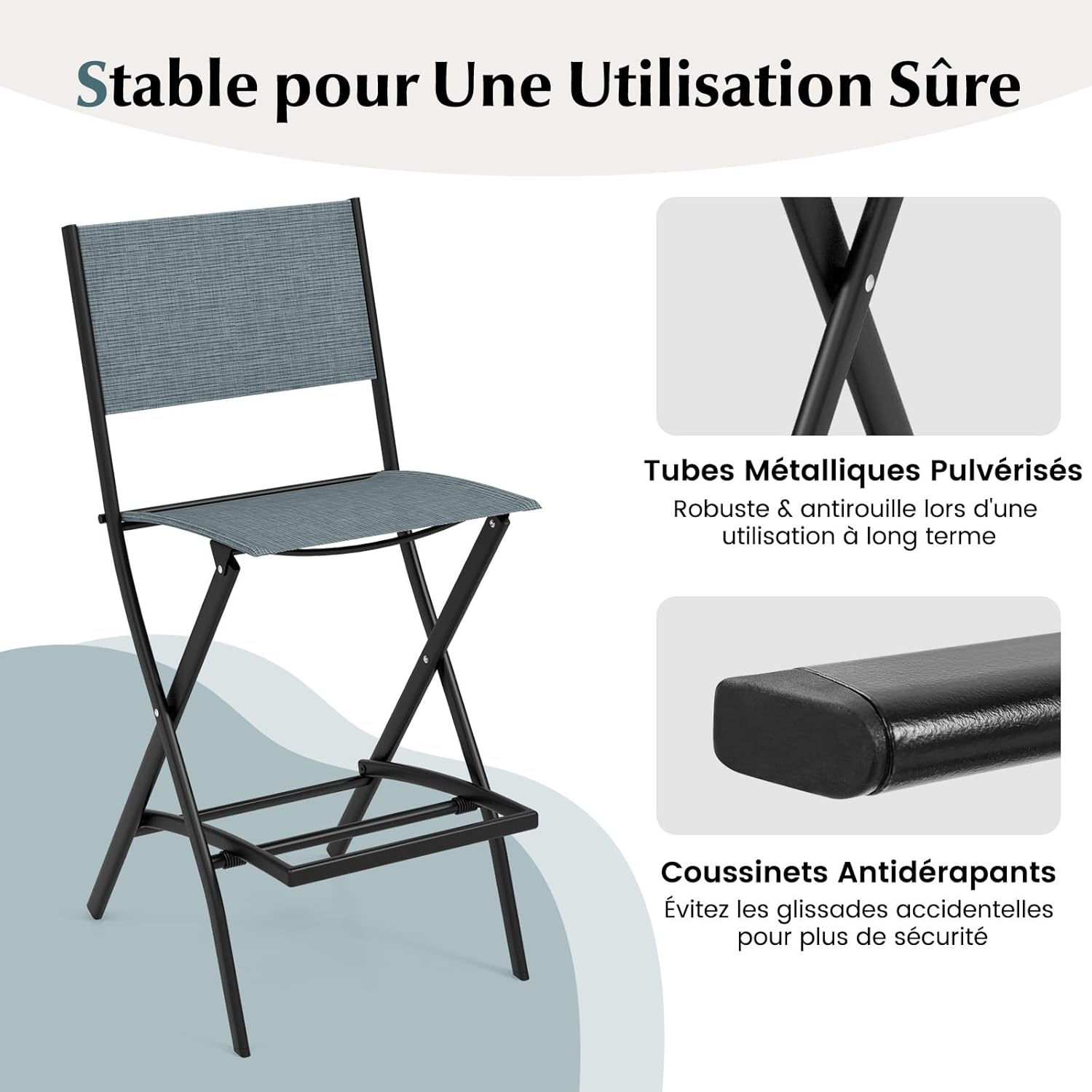 Set di Sgabelli da Bar 2 Pezzi, Sedie Alte e Pieghevoli con Telaio in Metallo e Poggiapiedi, Sedie da Bar per Balcone, Giardino e Piscina (Blu - 8