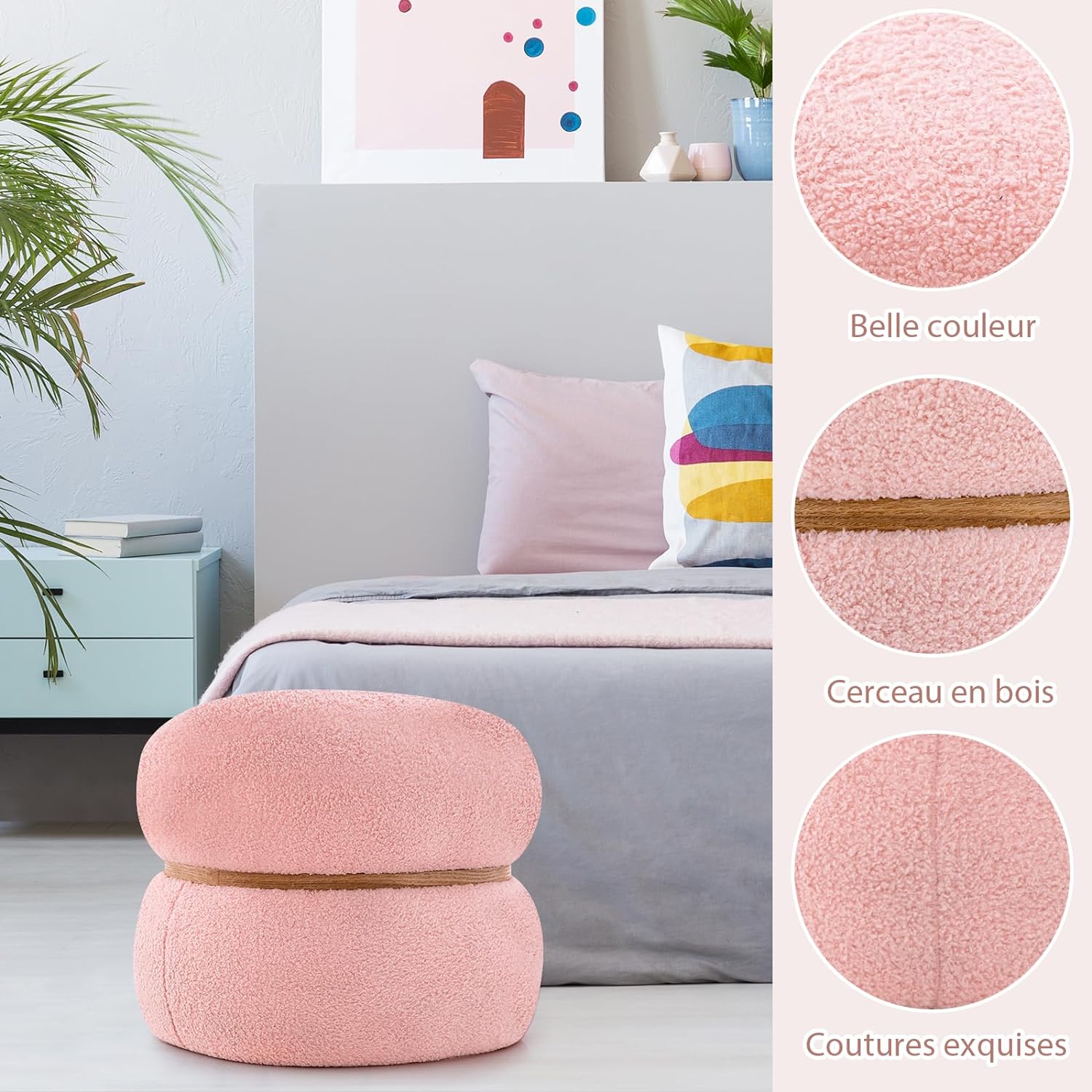 Tabouret de Coiffeuse en Fausse Fourrure, Pouf, Repose-Pieds Rembourré, Base Stable et Patins Antidérapants, Max.300kg, 44x35x35cm, Rose - 2