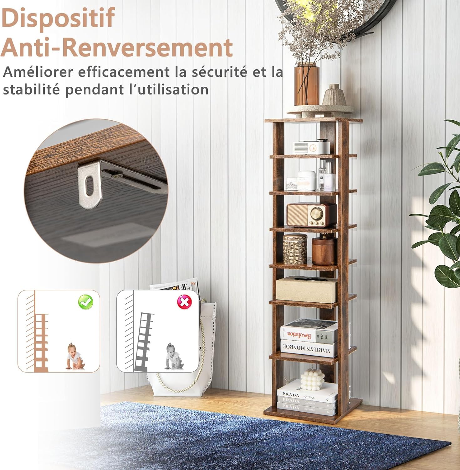 Étagère à Chaussures à 7 Niveaux, Range-Chaussures Vertical et Compact en Hauteur Différente, pour Couloir Salon Entrée 27,5 x 26,5 x 110 CM (Marron) - 8