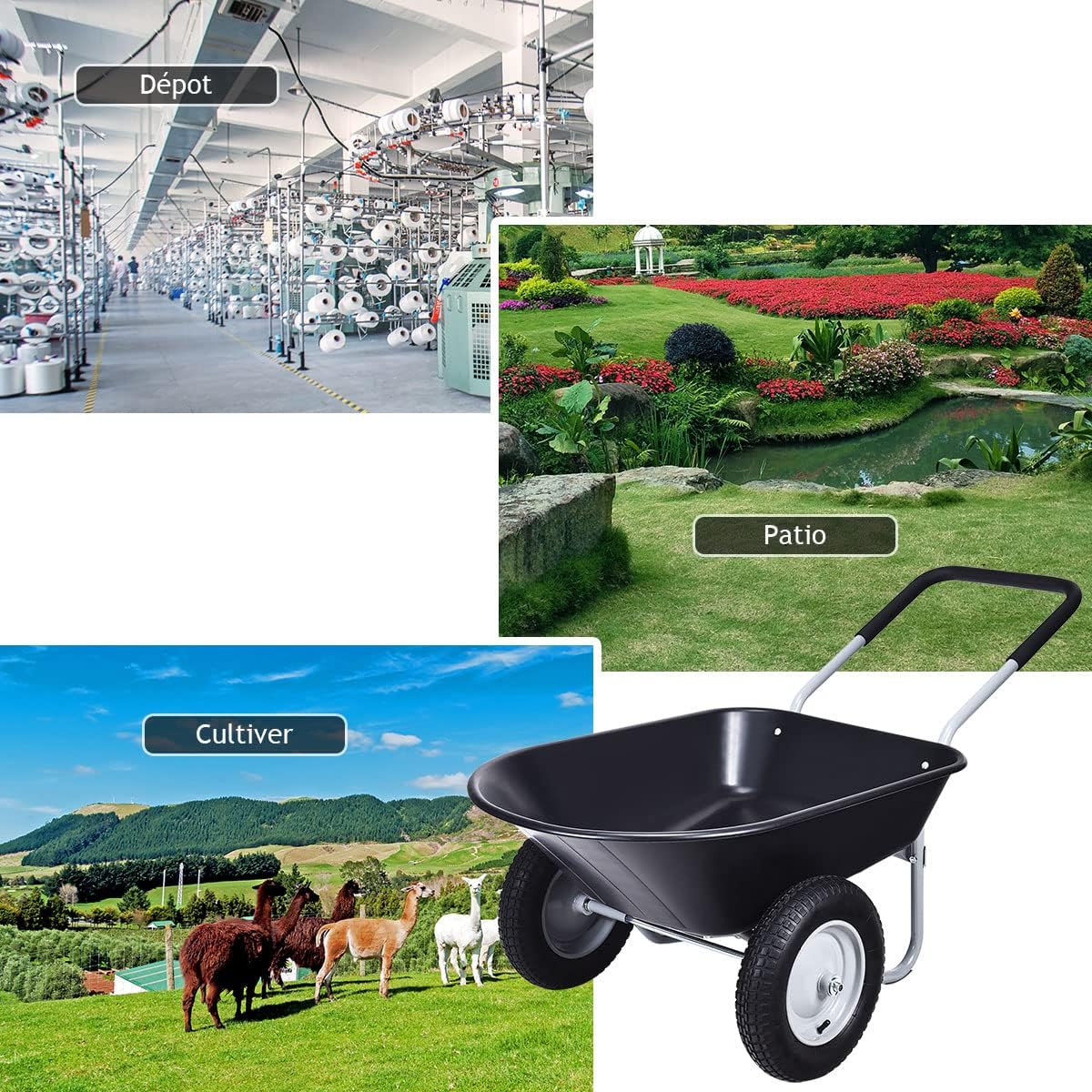 Brouette Jardin à 2 Roues pour Jardinage Chariot de Jardin Utilitaire en PP,Chariot de Jardin à Main,Remorque Brouette 2 Roues,Charrette à Bras - 4