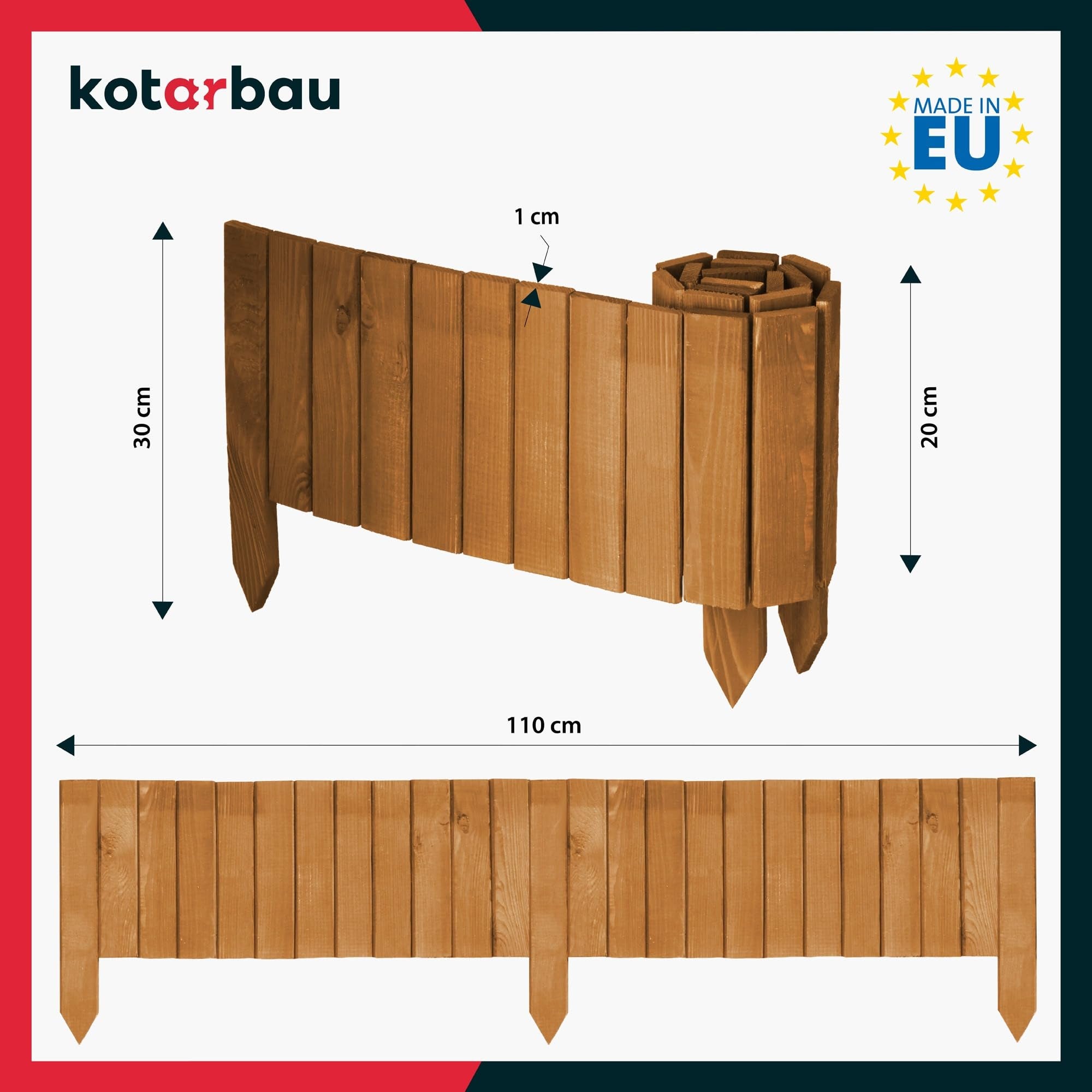 Płotek Ogrodowy Wbijany - 110 X 20 CM - Obrzeże Trawnika - Płot Drewniany - Palisada - Dąb KOTARBAU - 3