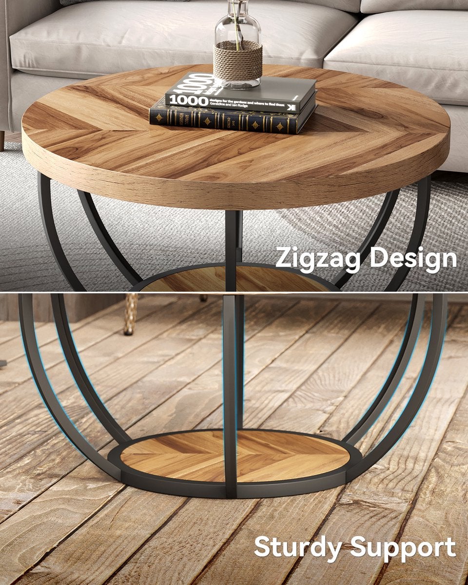 Tribesigns Industrial 2-Tier round Coffee Table , 80*80*45CM, with Storage Shelves for Living Room, Wooden Grain - 9