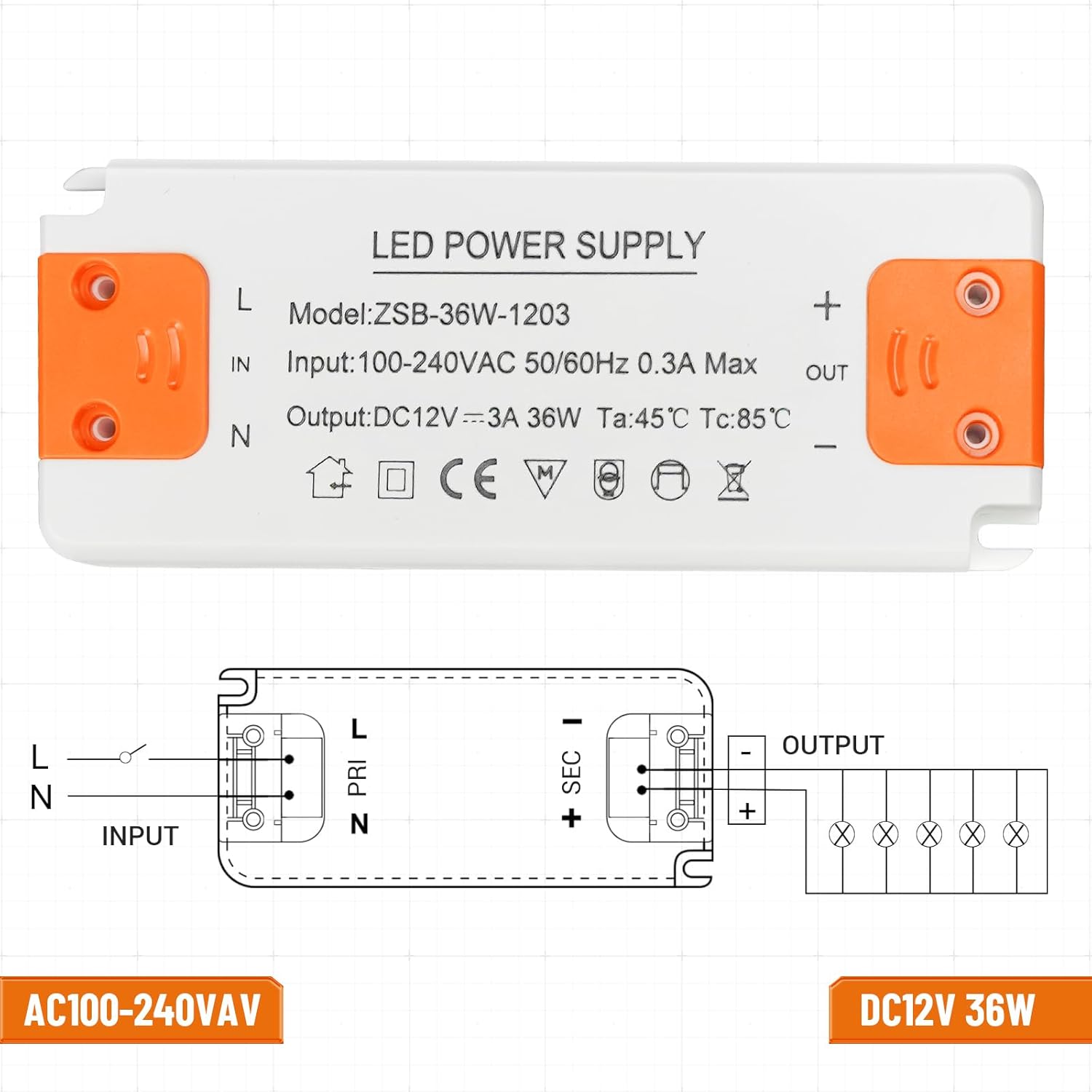 Transformator 220 V 12 V - Gonew21 Transformator sterownika LED, 36 W, 3 A, transformator zasilający 230 V, bez migotania, bez hałasu, do lamp ha - 4