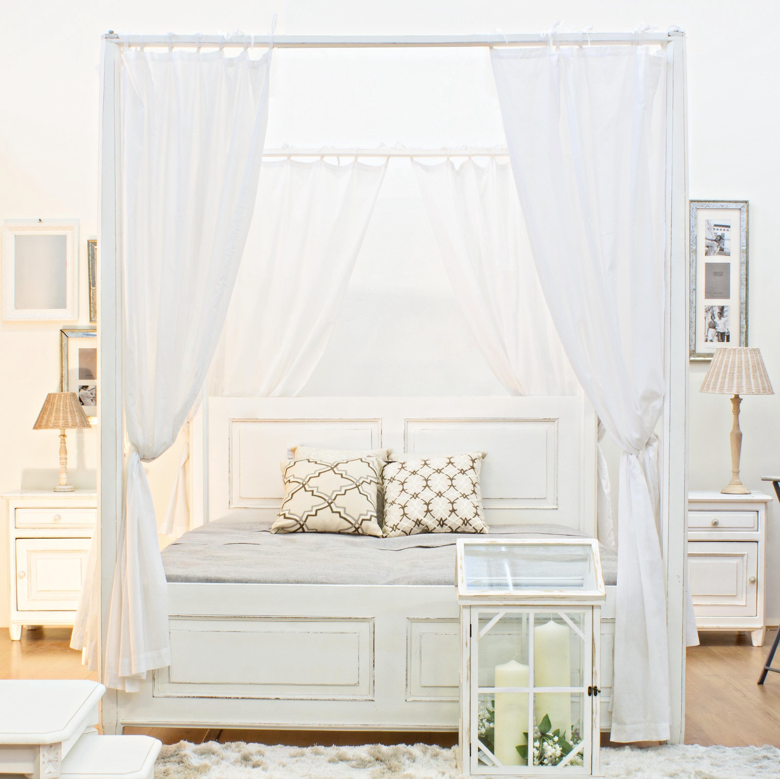 Baldaquins Bois Lit Double Vintage Blanc Style Maison de