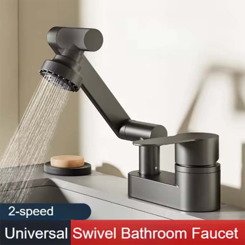 Bateria Umywalkowa Łazienkowa | Podwójny Otwór Zimna i Gorąca Woda | Kurek Zlewozmywakowy Miski z Obrotowym Zaworem Mieszającym 360°(szary)