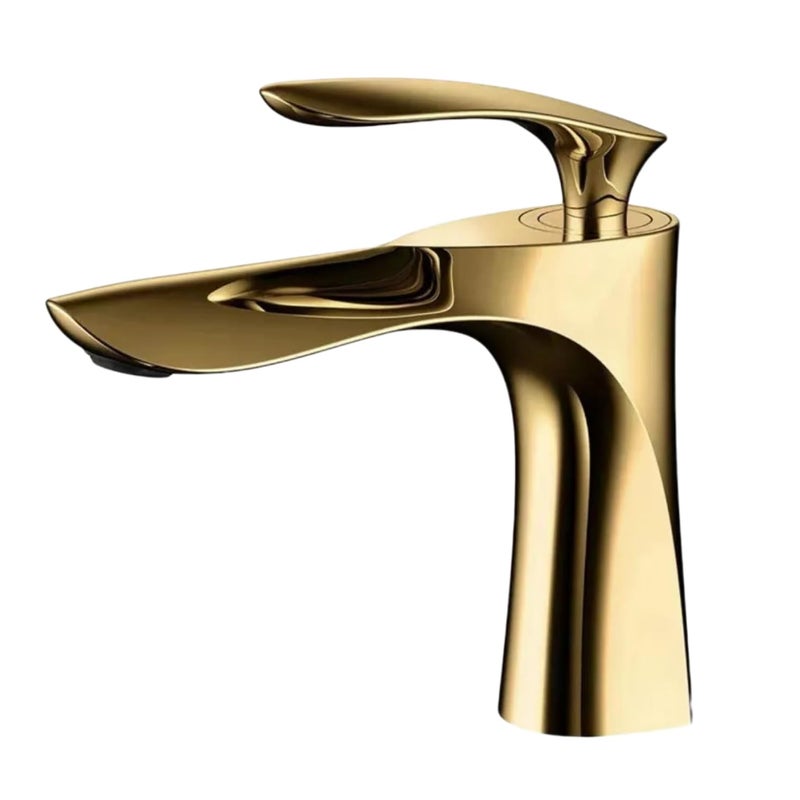 Czarno-złota bateria umywalkowa – jednouchwytowa bateria do ciepłej/zimnej wody – montaż nablatowy do szafki łazienkowej, krótkie złote wykończenie