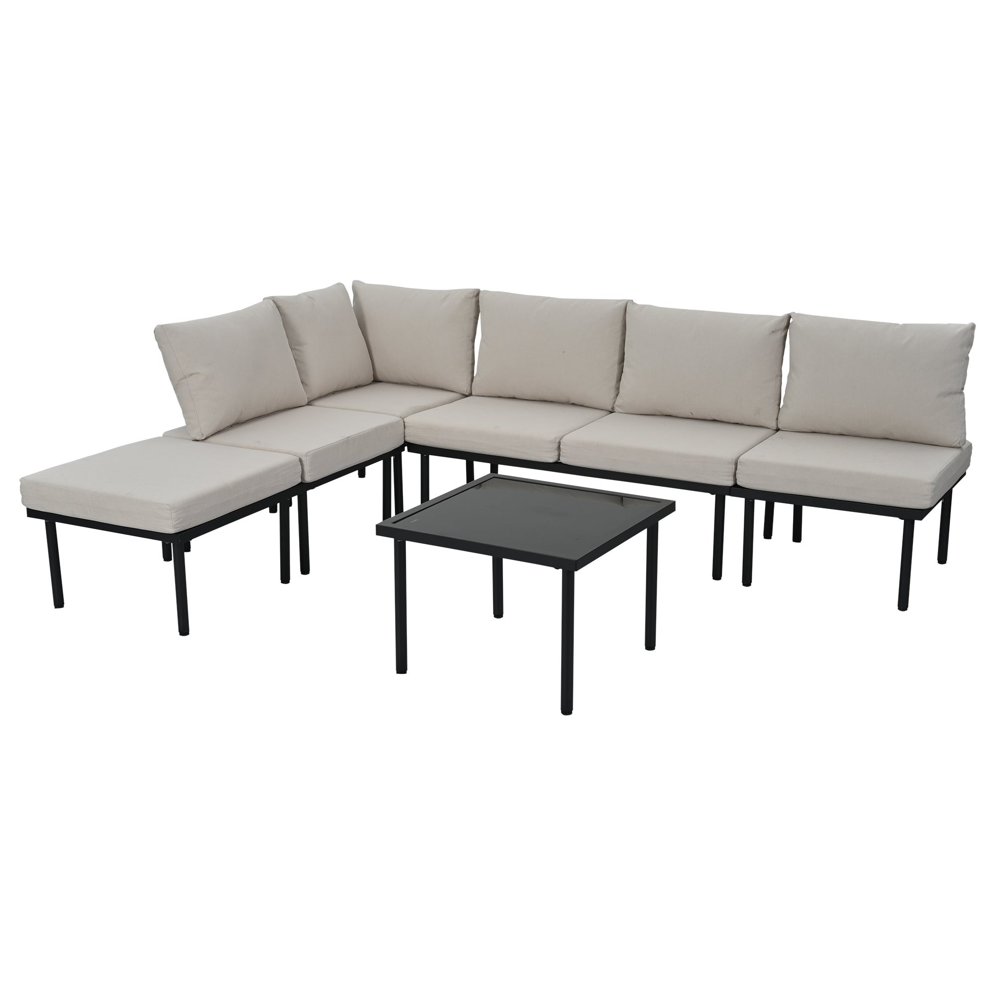 Salon de jardin modulable 6 places en acier galvanisé : 1 canapé 2 places + 1 canapé 2 places + 1 tabouret + 1 table basse carrée - Beige - 9