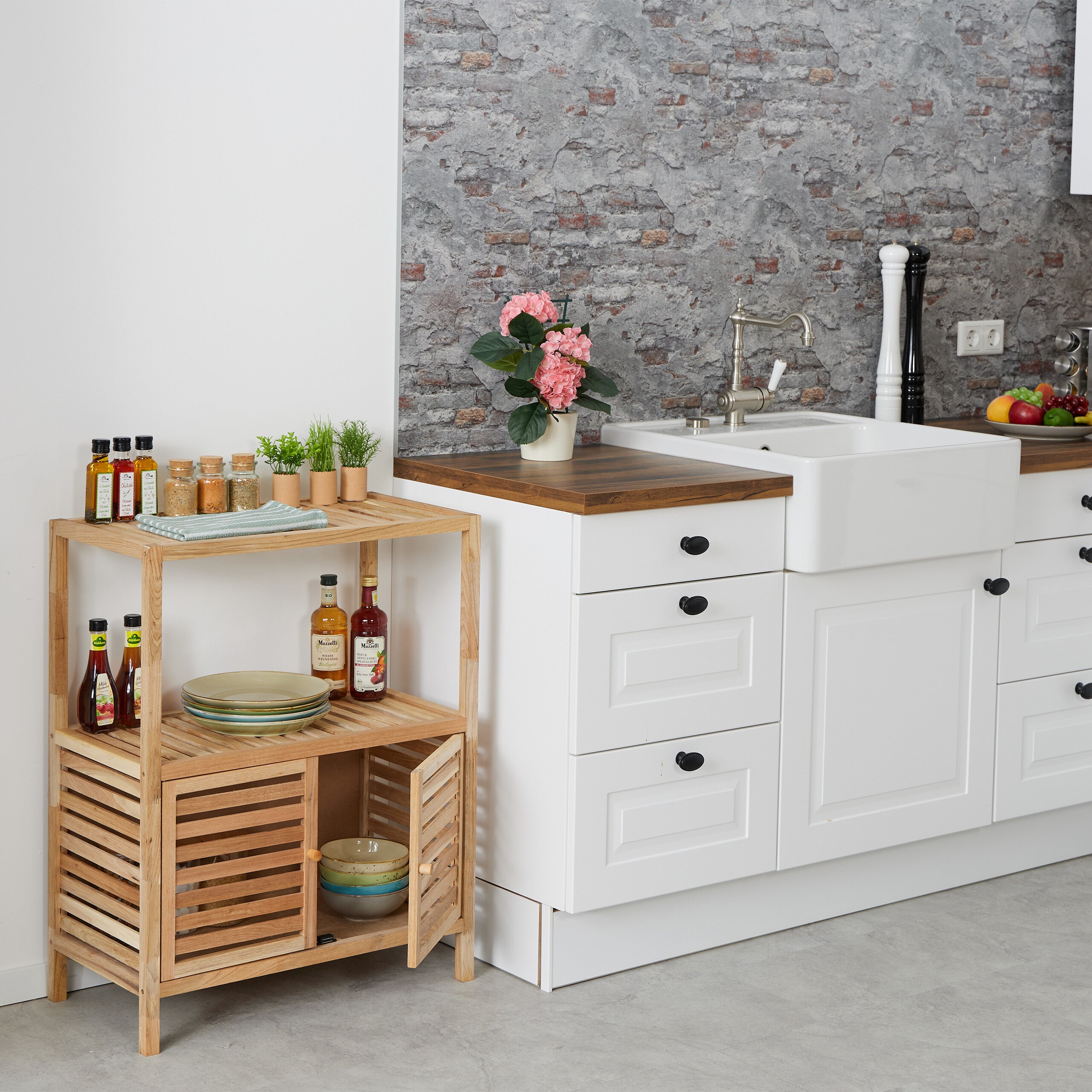 Mobile Salvaspazio per Bagno e Cucina, Scaffale in Legno Noce, 2 Ripiani, Vano con Ante, HLP 86x67,5x35,5 cm, Relaxdays - 5