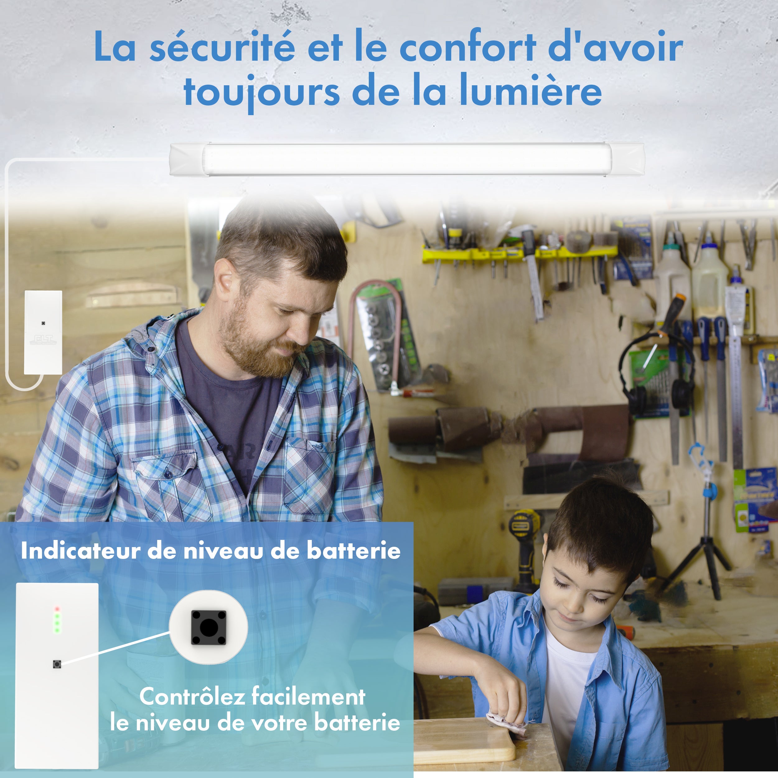 Kit éclairage sans fil garage box cave sous sol - 2 réglettes led - 1 Batterie - 1 interrupteur radio - Gamme CONFORT - 2200 lumens - 8