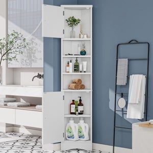 Greensen Mobiletto Bagno Alto E Stretto Ad Angolo 120 Cm - Scaffale In WPC 5 Ripiani