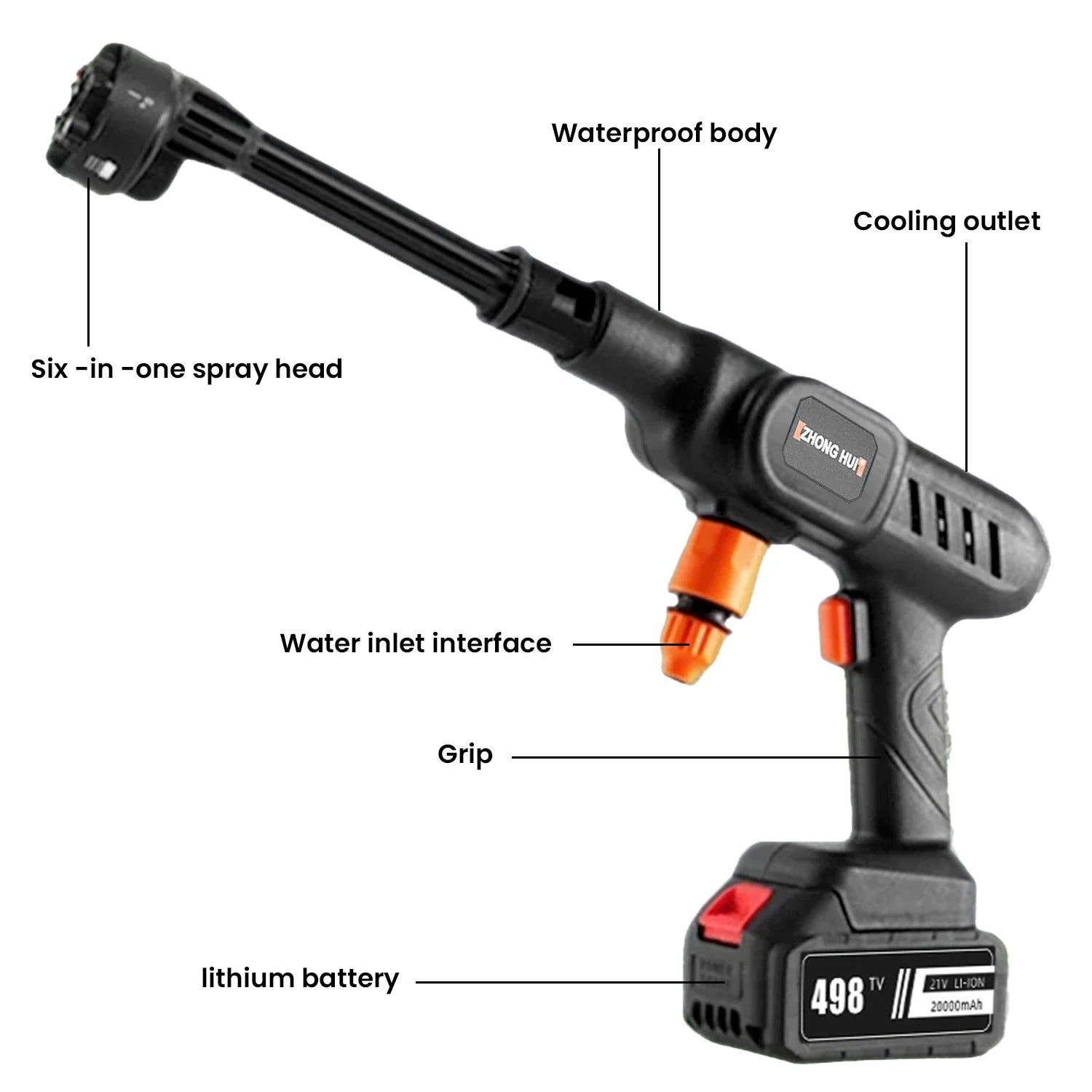 Nettoyeur Haute Pression Sans Fil 6-en-1 - 60 Bar 10L/min, Batterie 10000mAh x2, pour Voiture/Jardin (30,000 tr/min) - 2