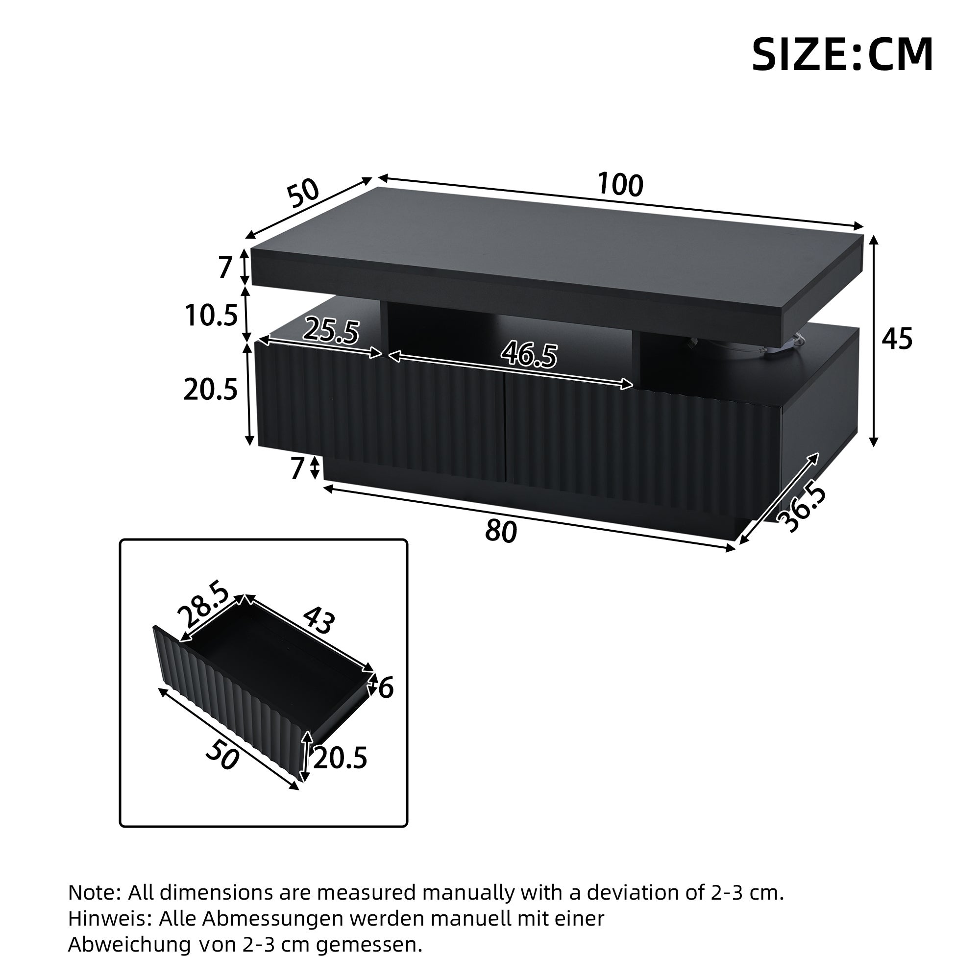 Tavolino da salotto 100x50x45cm - con illuminación LED - 2 cassetti - Spazio di riporre aperto - Pannelli di particelle - Nero - 4
