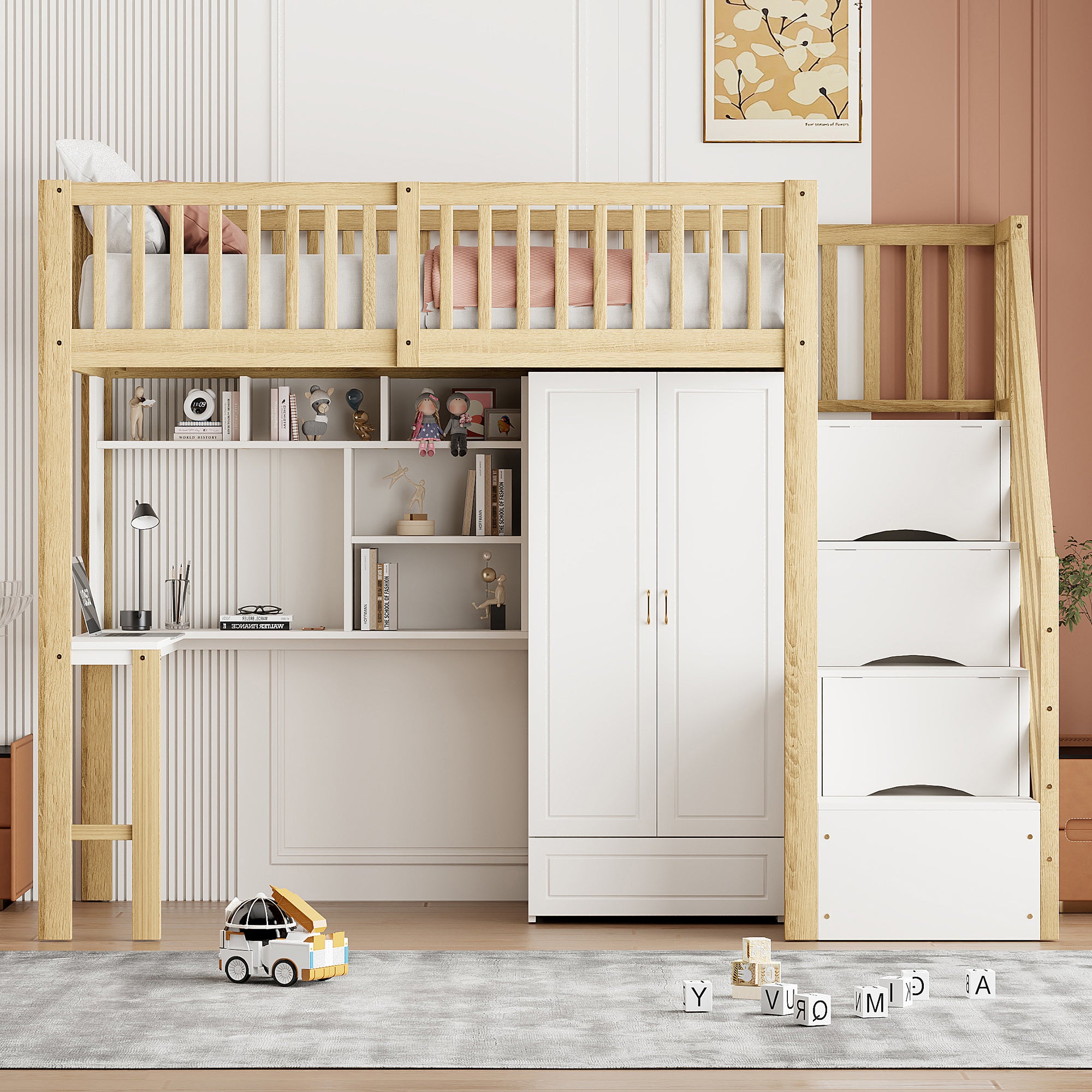 Lit Mezzanine 90x200cm avec Grand Placard, Cader de lit avec Bureau et ...