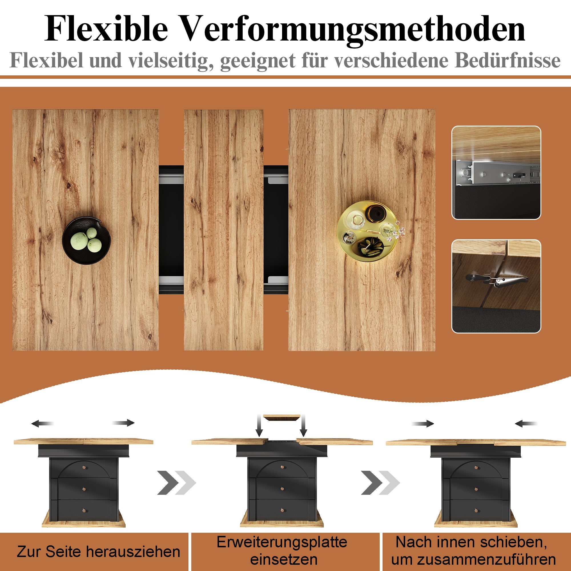 Rozkładany stół jadalny dla 4-6 osób z 1 drzwiami i 2 szufladami - 110/140 x 80 x 75 cm - MDF - Czarny + naturalny - 7