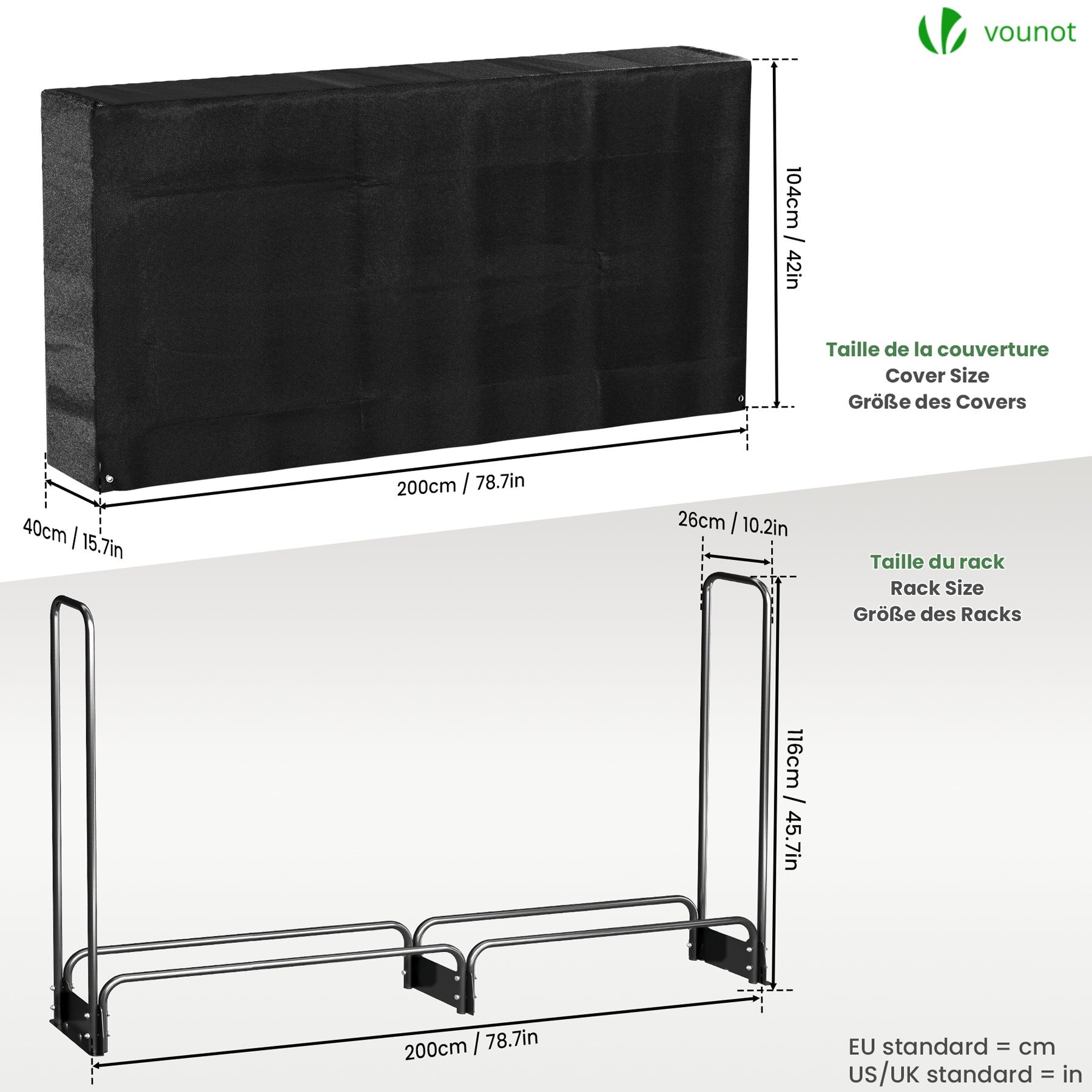 Abri range-bûches 2m avec housse noire - Serre bûche en métal - Support bois de chauffage pour cheminée et extérieur - VOUNOT® - 6