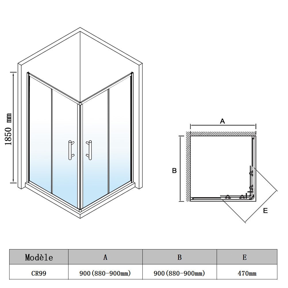 SIRHONA Cabine de douche 90x90x185 cm coulissante à double ouverture, porte en verre à 2 panneaux fixes de 5mm, finition chromée - 5