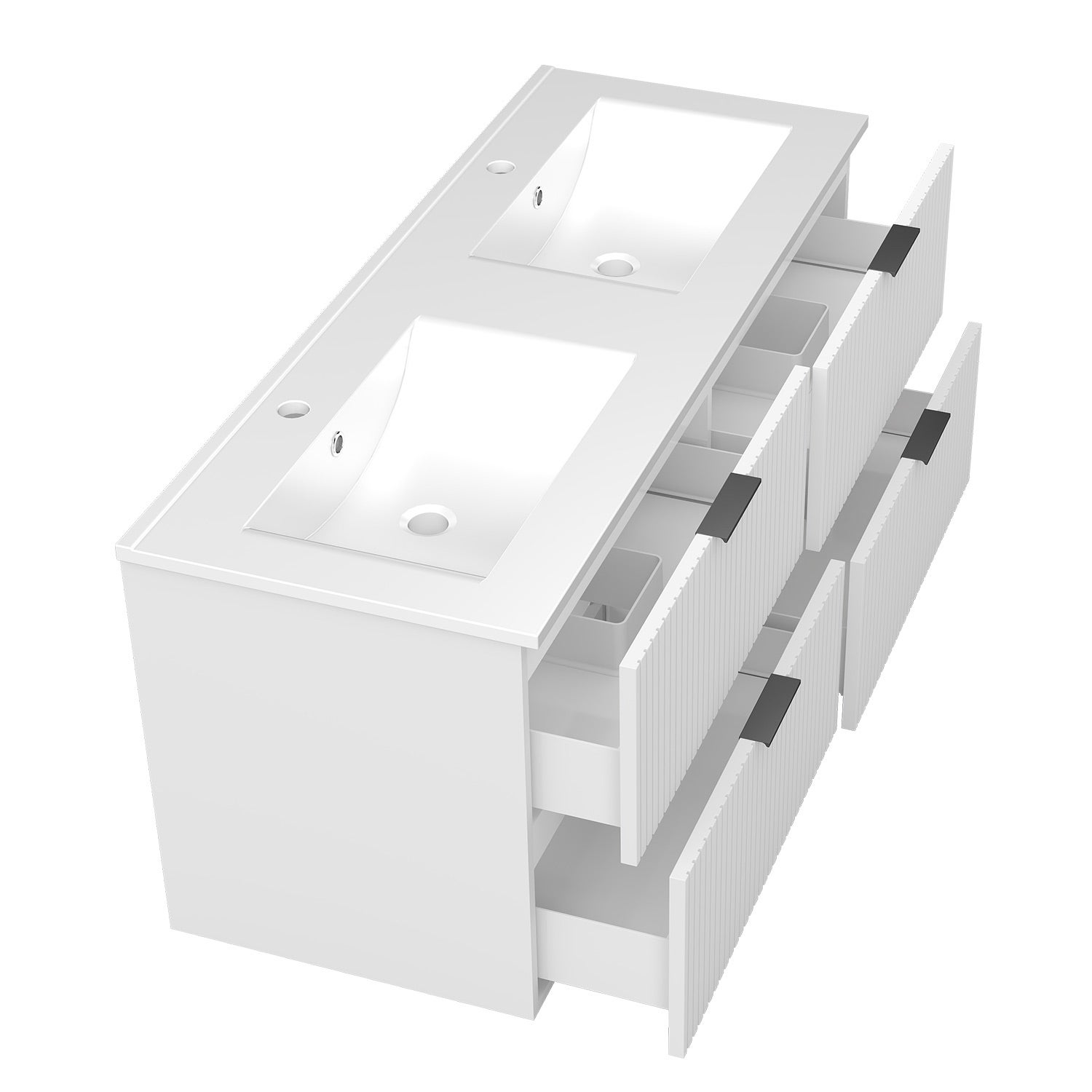 Ensemble Meuble Salle de Bain 120 cm Suspendu avec Miroir LED, 4 Tiroirs à fermeture douce, Double Vasque, Blanc Cannelé - 8