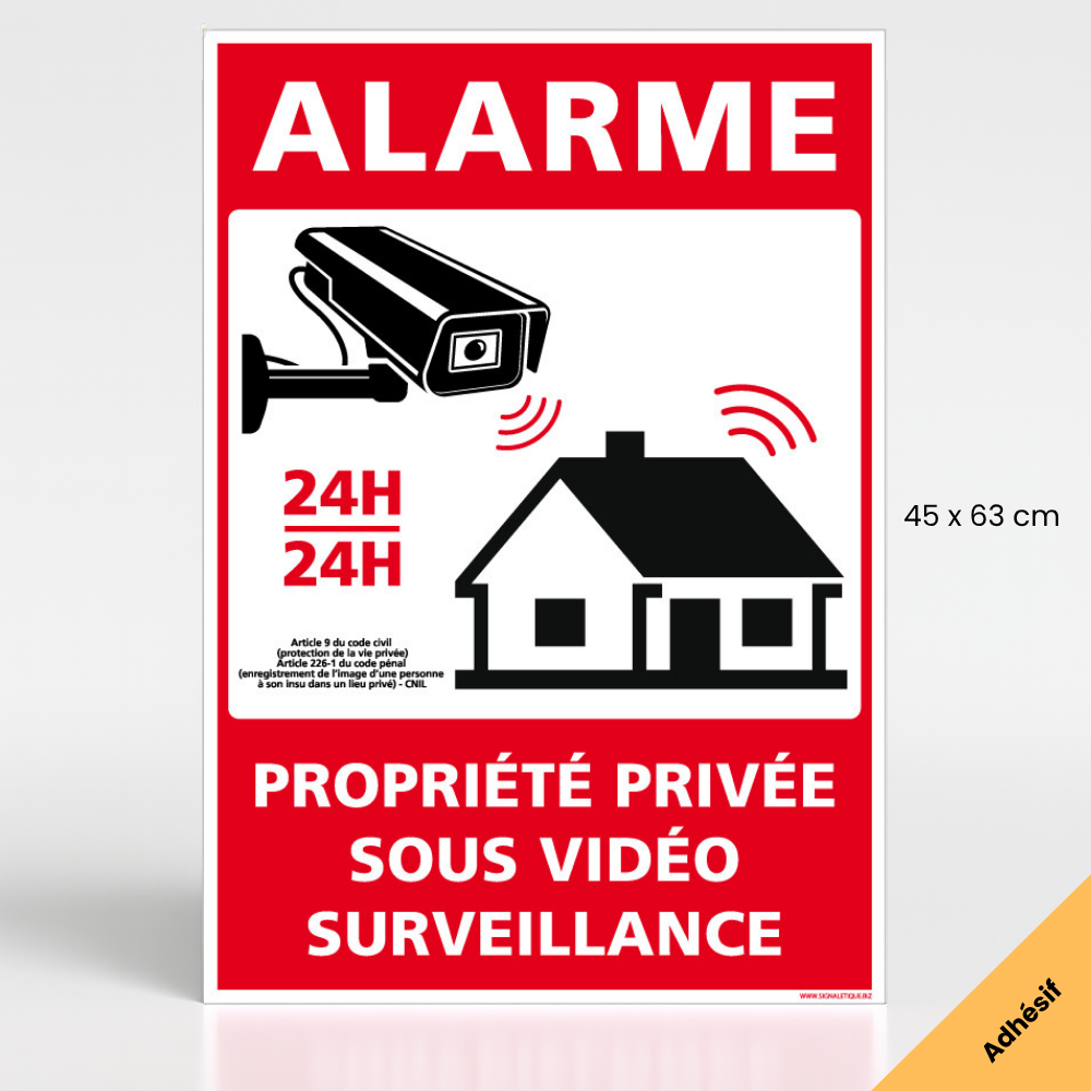 Propriété privée surveillance vidéo 24H/24 avec loi - Panneau signalisation sécurité - PVC 1 mm - 75 x 105 mm