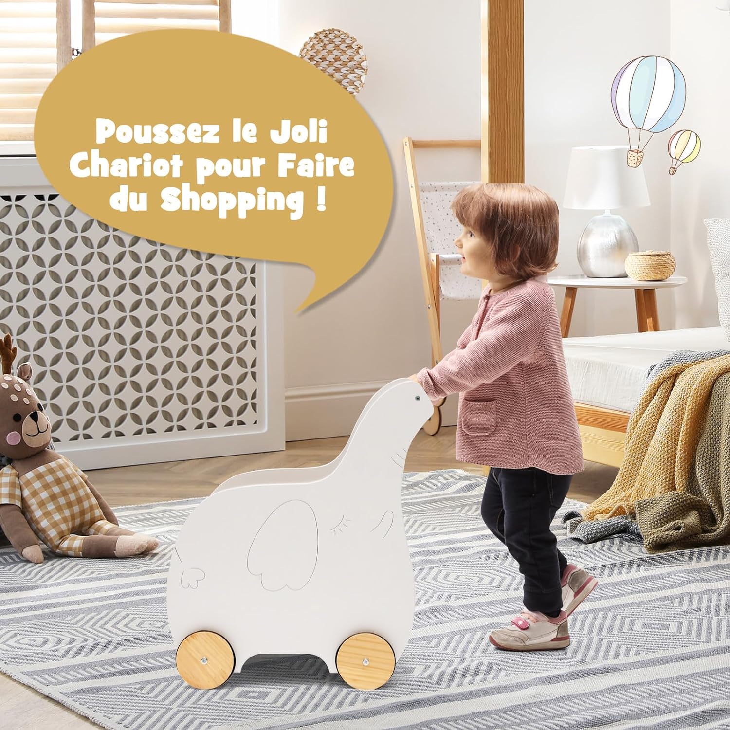 Trotteur Bois Bébé, Chariot de Marche 2 en1 avec Coffre à Jouets, Marcheur Enfant 1+ Ans Forme d'Éléphant, Parfait Cadeau pour Enfants - 3