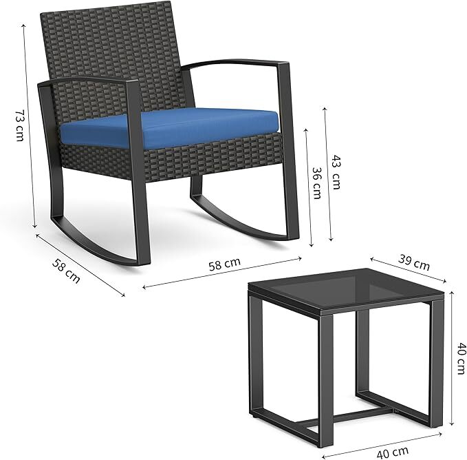 Set da Giardino 2 Posti Set Sedia a Sdraio con Cuscino Tavolo in Vetro Temperato Insieme di Mobili per Patio, Giardino e Esterno Blu Bealife - 3