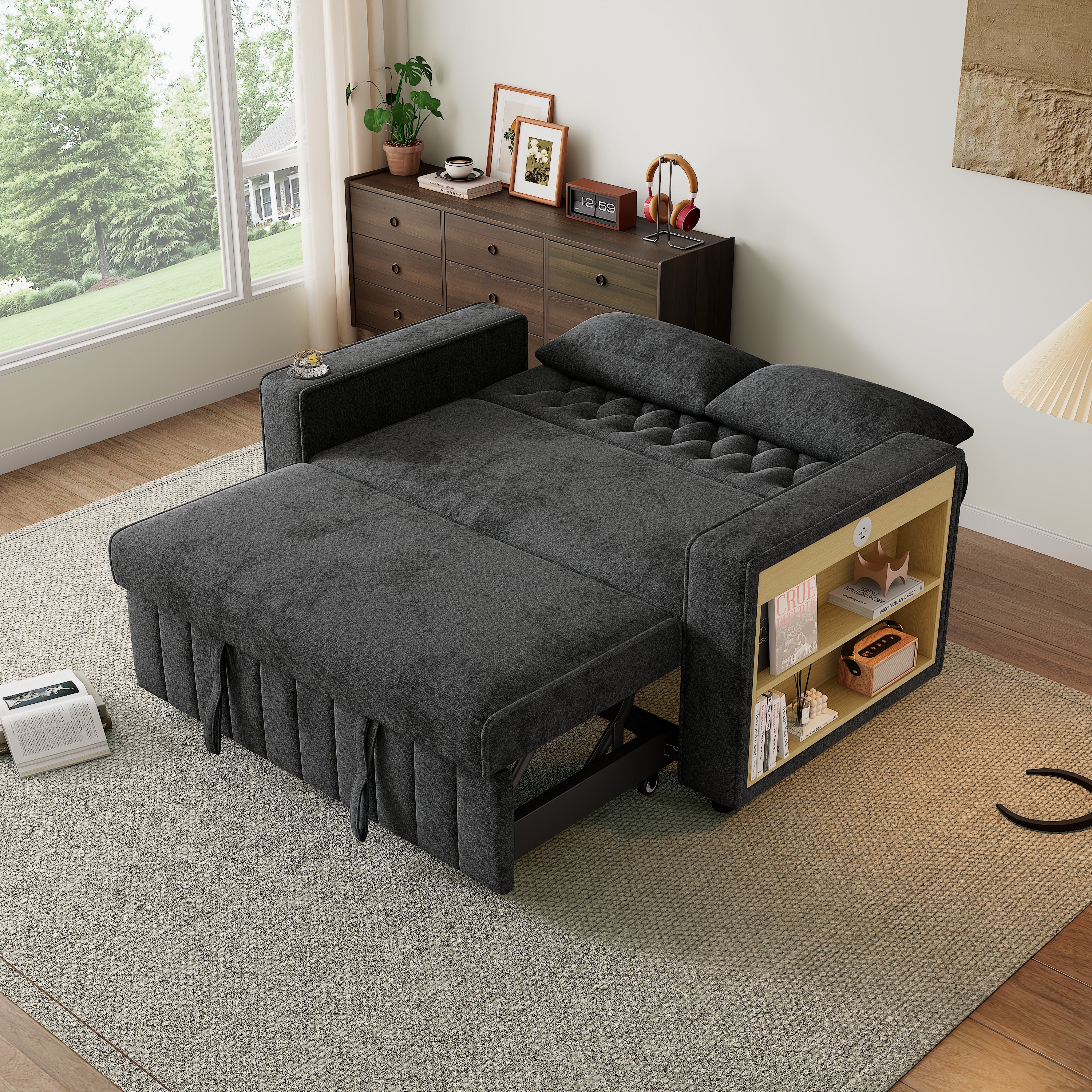Canapé pliant moderne pour 2 personnes - avec porte-gobelets - avec ports de charge USB - avec coussins - tissu chenille - Gris - 2