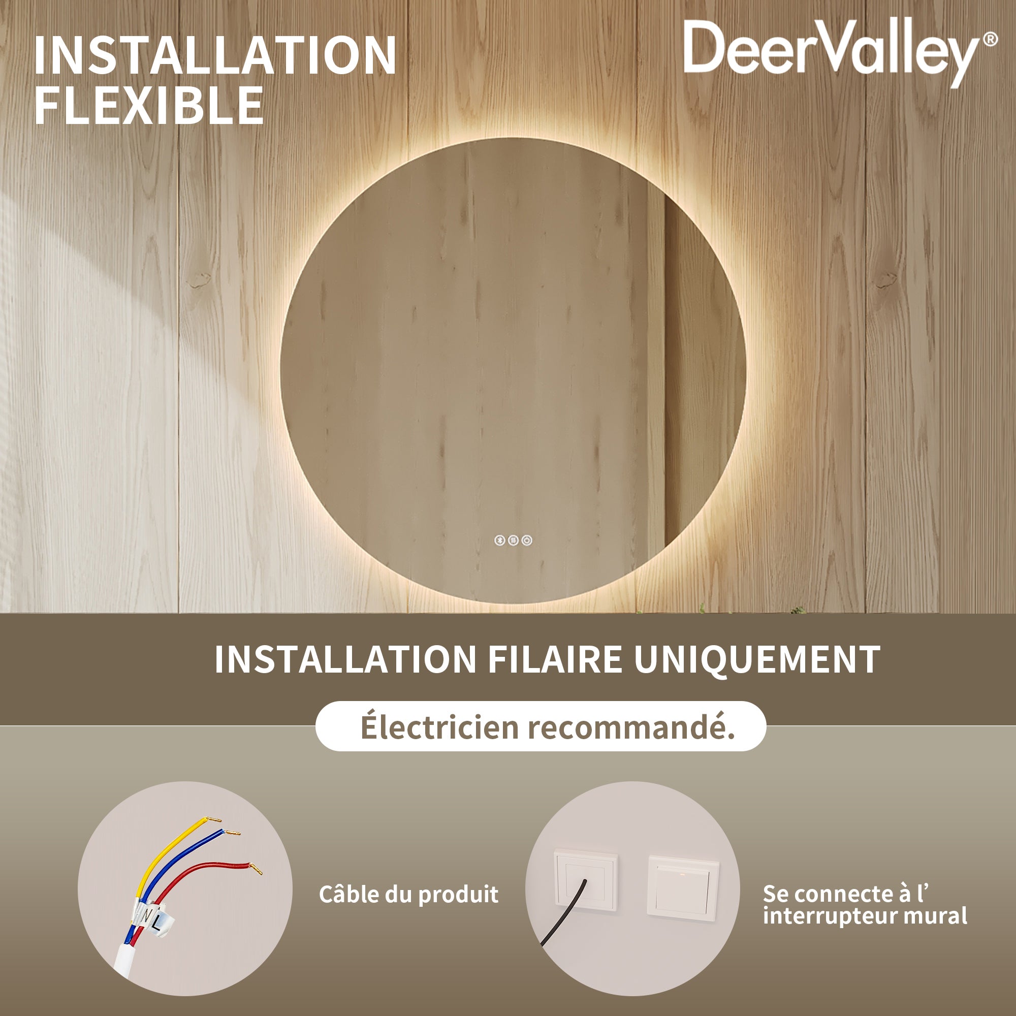 Miroir de Salle de Bain LED Rond DeerValley 80x80cm - Rétroéclairage Dimmable, Antibuée, Incassable, Bluetooth, 3 Températures - 6