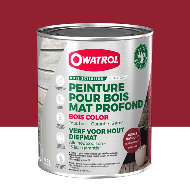 Peinture pour bois extérieur opaque - Finition Mate Owatrol BOIS COLOR Rouge basque (RAL 3003) 2.5 litres